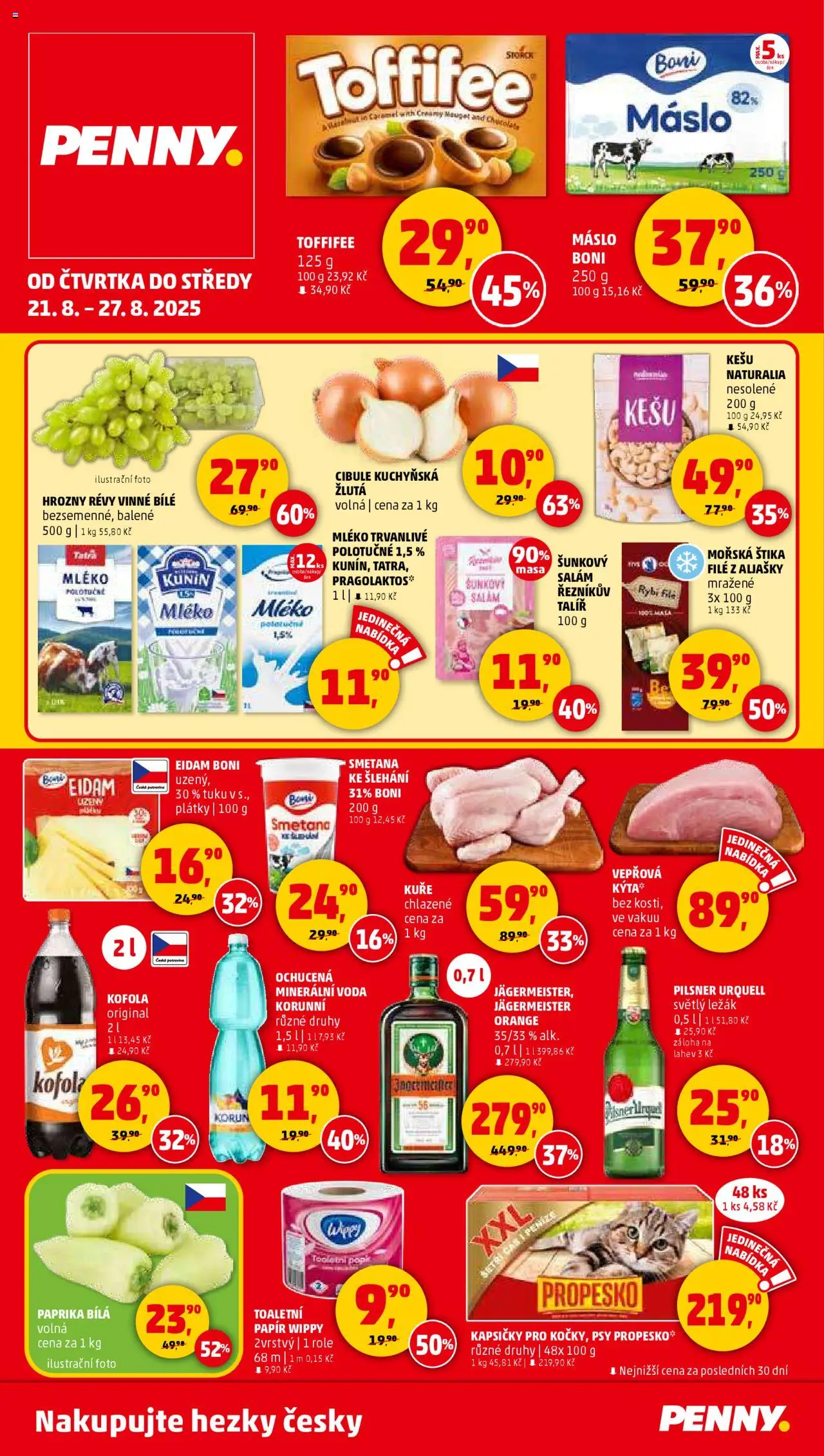 Penny Market leták - Čtvrtečník od 21.08.2025 | Strana: 1 | Produkty: Jägermeister, Pilsner Urquell, Kuře, Hrozny