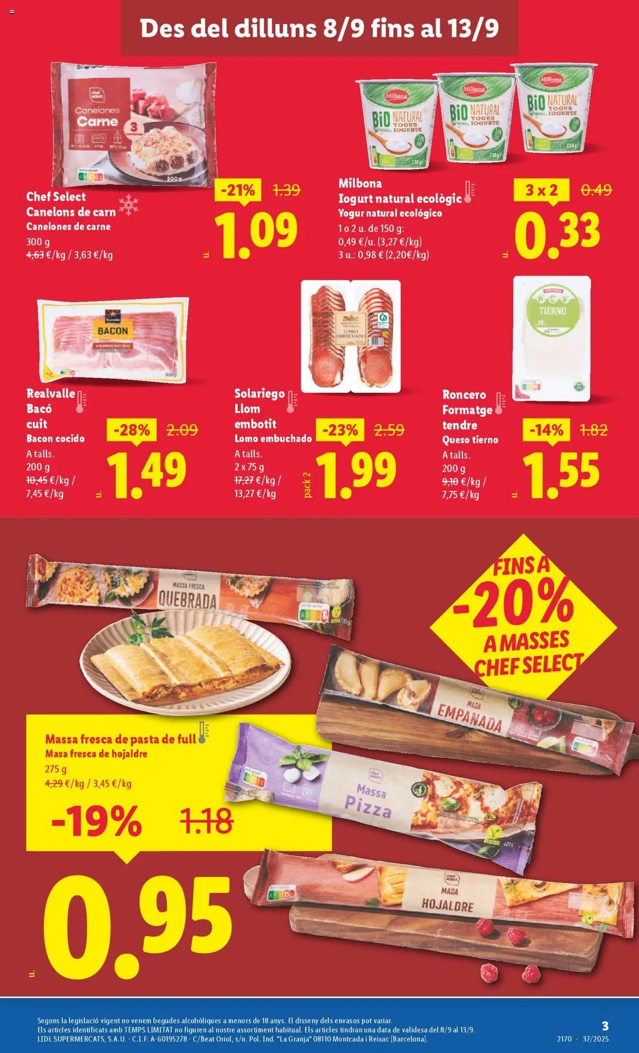 Lidl catálogo BCN │ válido desde el 08.09.2025 | Página: 3 | Productos: Queso, Pizza, Pasta, Canelones