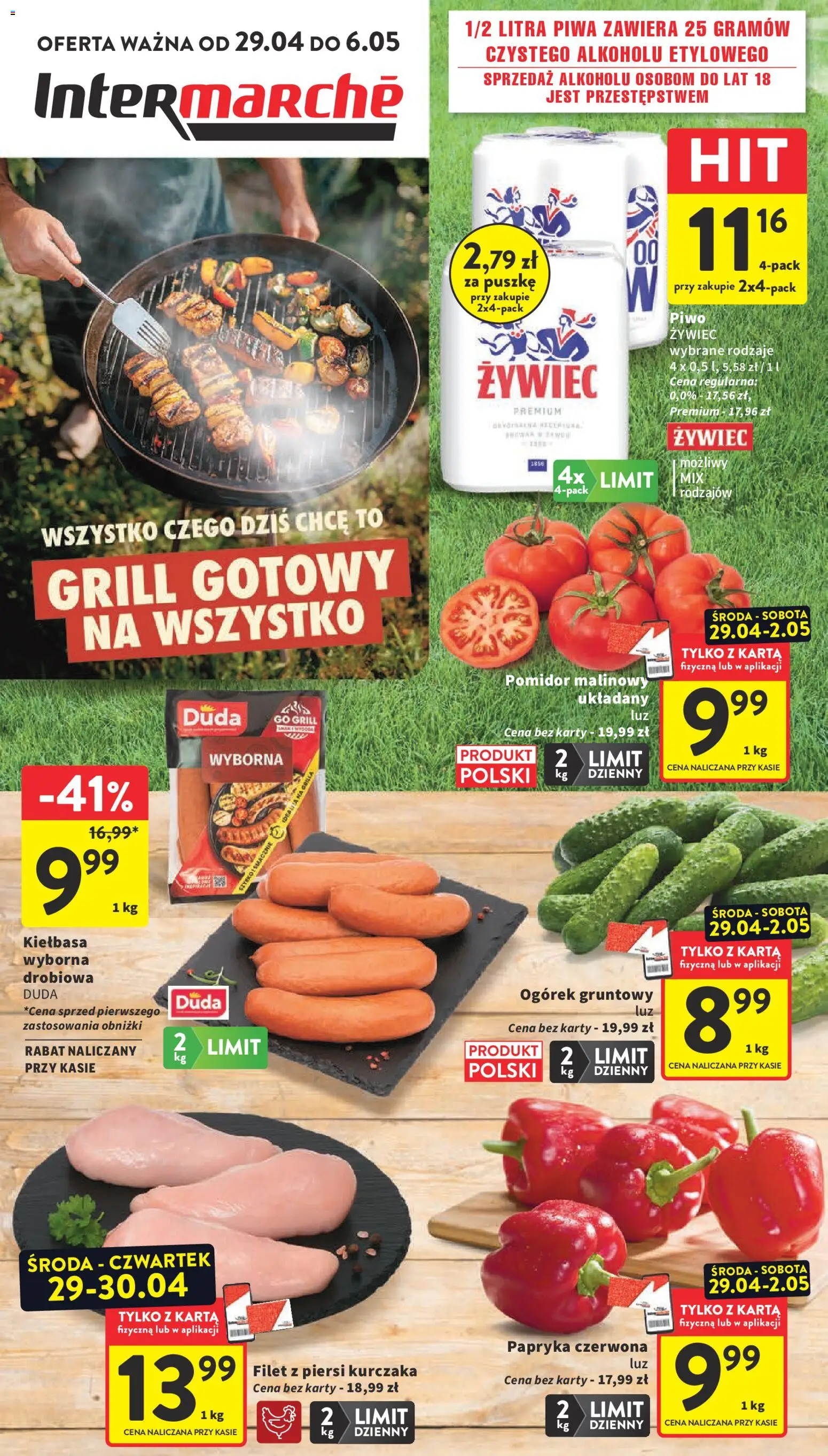 Intermarche gazetka od 29.04.2026 | Strona: 1 | Produkty: Kiełbasa, Karta, Pomidor malinowy, Piwo