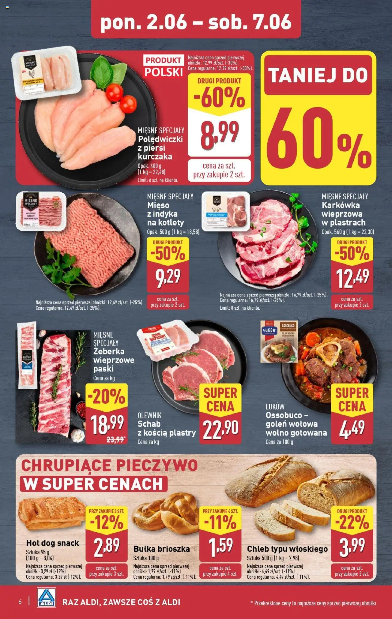 Aldi Gazetka od 02.06.2025 | Strona: 6 | Produkty: Pieczywo, Schab, Piersi, Chleb