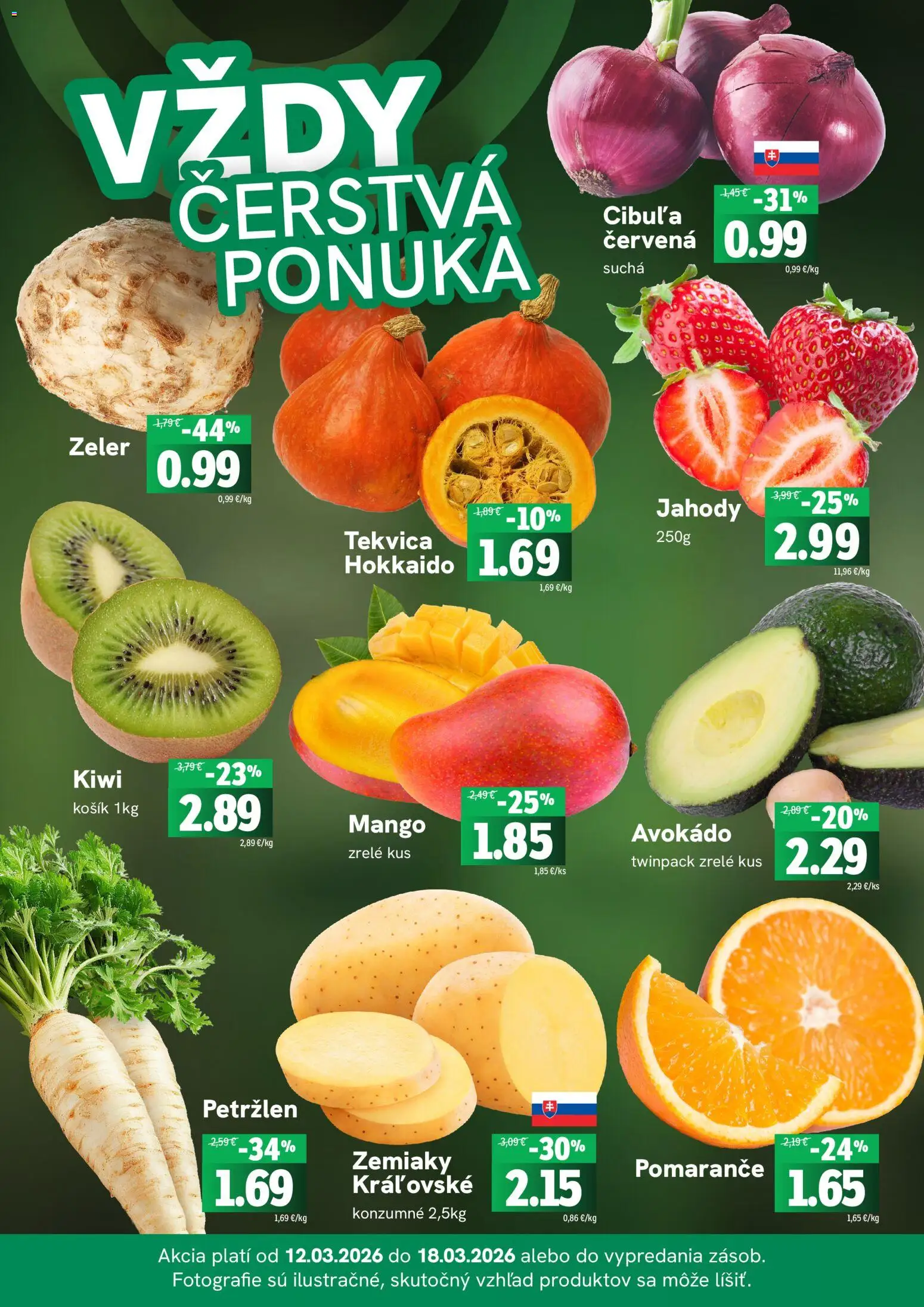 Nové Fresh akcie – leták je platný od 12.03.2026 | Strana: 3 | Produkty: Pomaranče, Jahody, Avokádo, Zeler