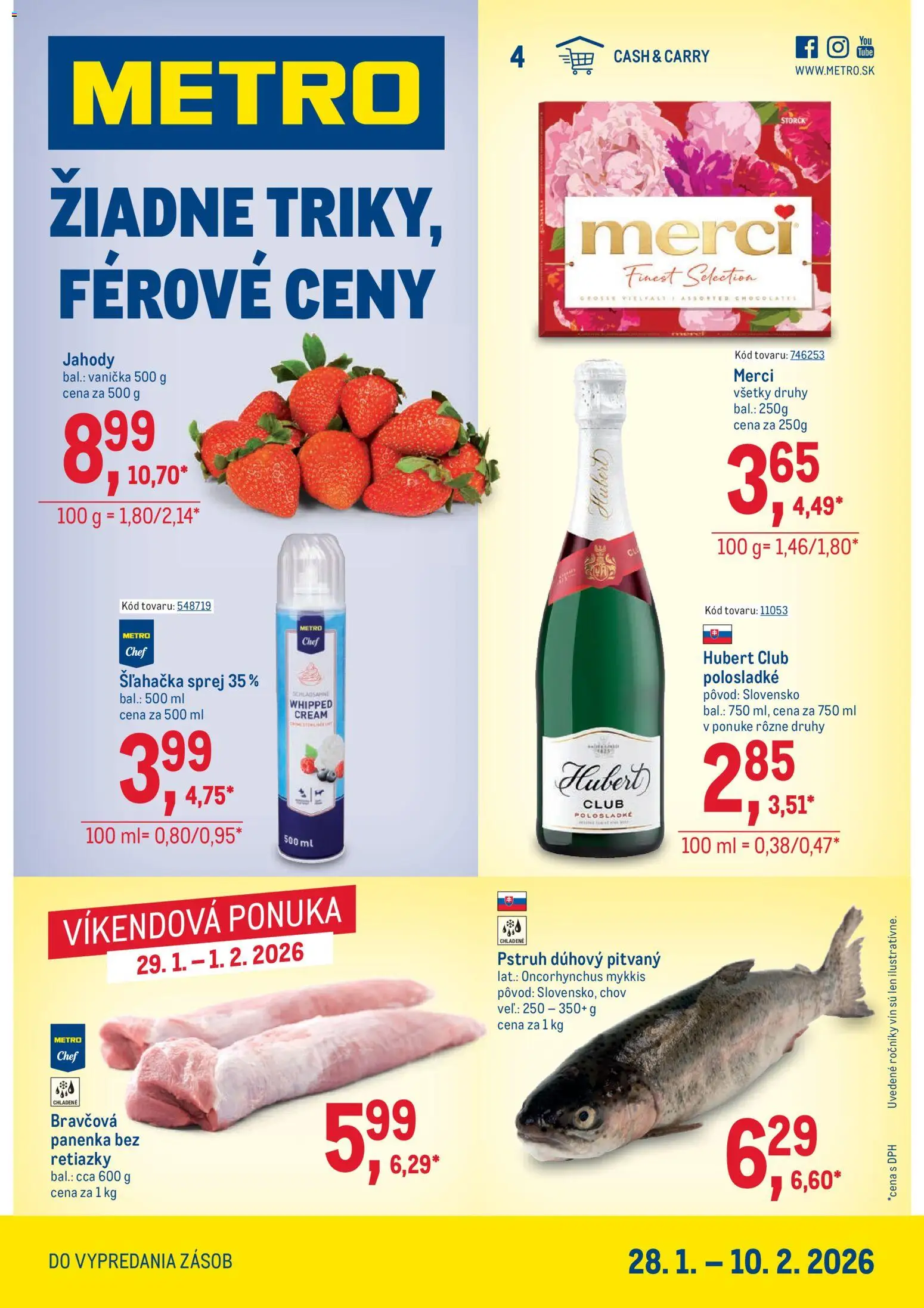 Nové Metro akcie – leták je platný od 28.01.2026 | Strana: 1 | Produkty: Pstruh, Merci, Jahody, Šľahačka