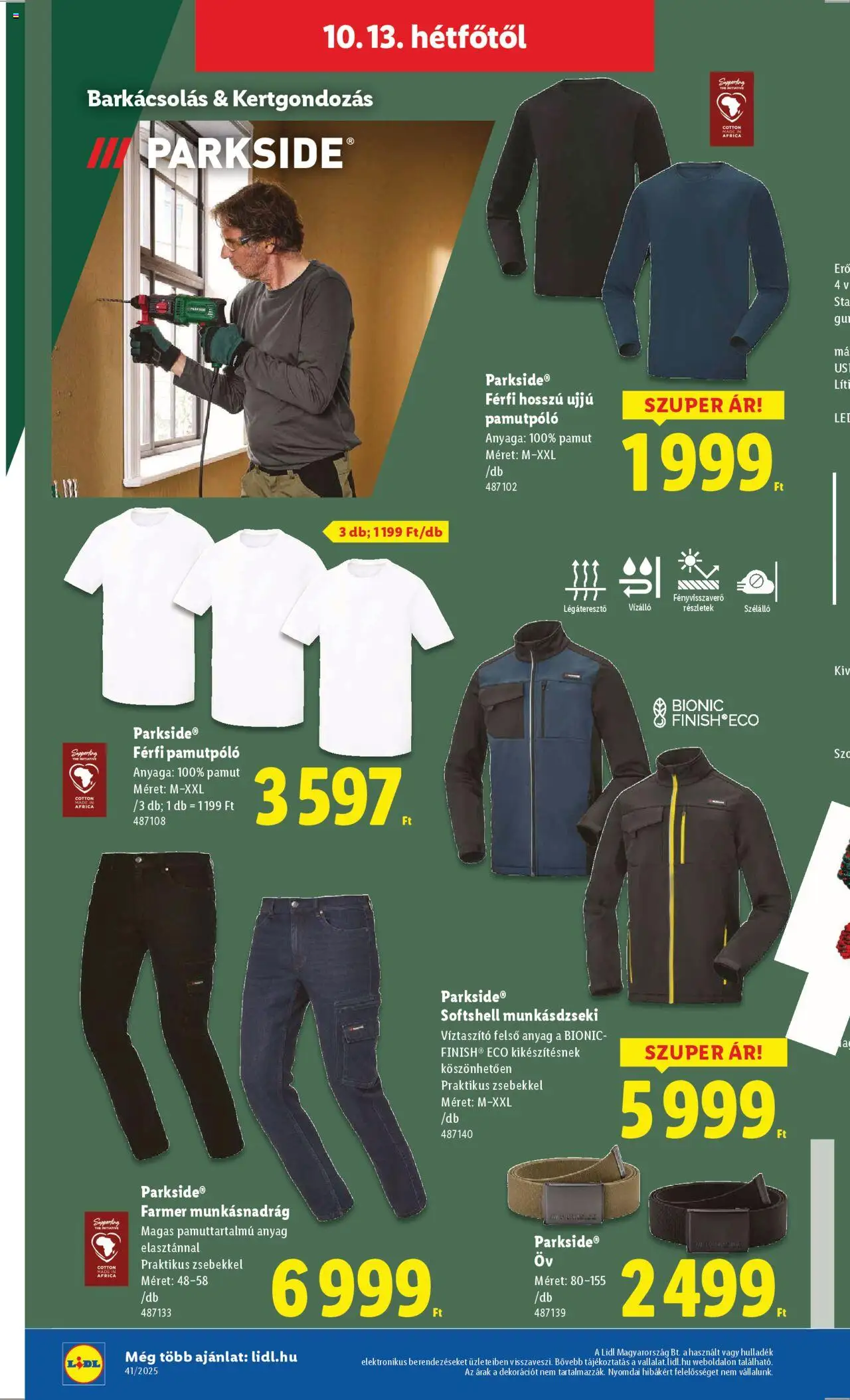 Lidl akciós ujság - amely érvényes a következő dátumtól: 09.10.2025 | Oldal: 52 | Termékek: Parkside, Öv, Farmer, Munkásnadrág