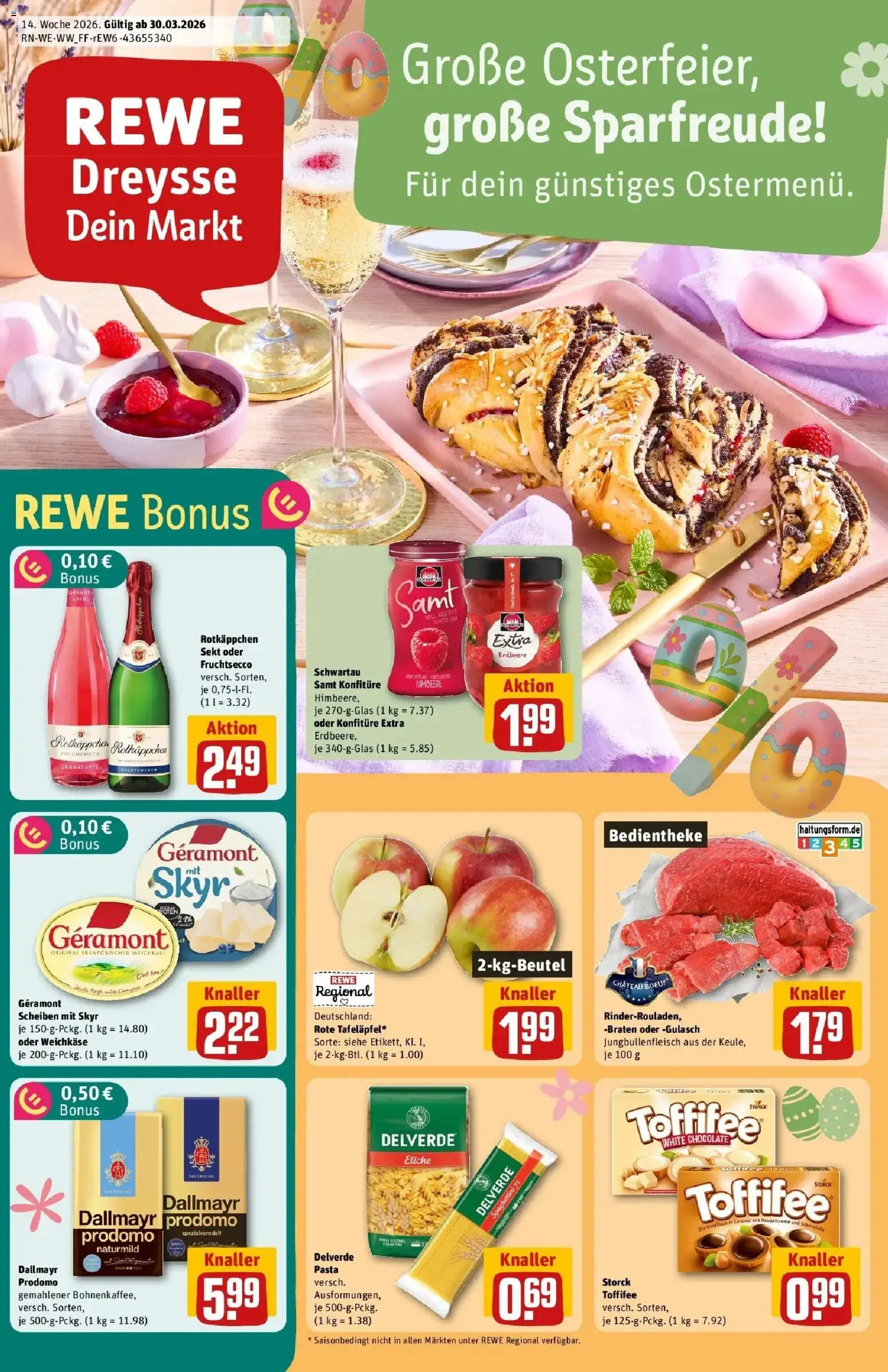 Rewe Prospekt Wilnsdorf / Wilgersdorf	 – gültig ab 30.03.2026 | Seite: 1 | Produkte: Schwartau samt, Sekt, Skyr, Dallmayr prodomo
