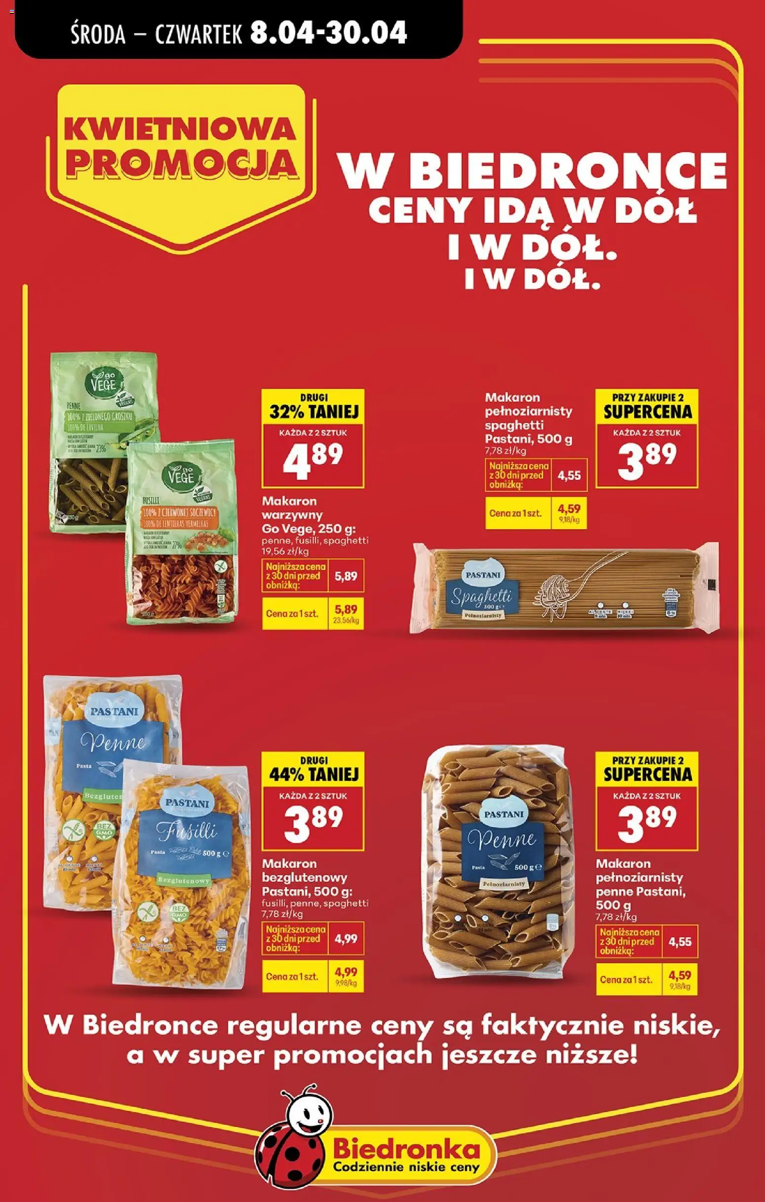 Biedronka gazetka - Kwietniowa promocja od 08.04.2026 | Strona: 12 | Produkty: Makaron pełnoziarnisty, Penne, Makaron warzywny, Makaron