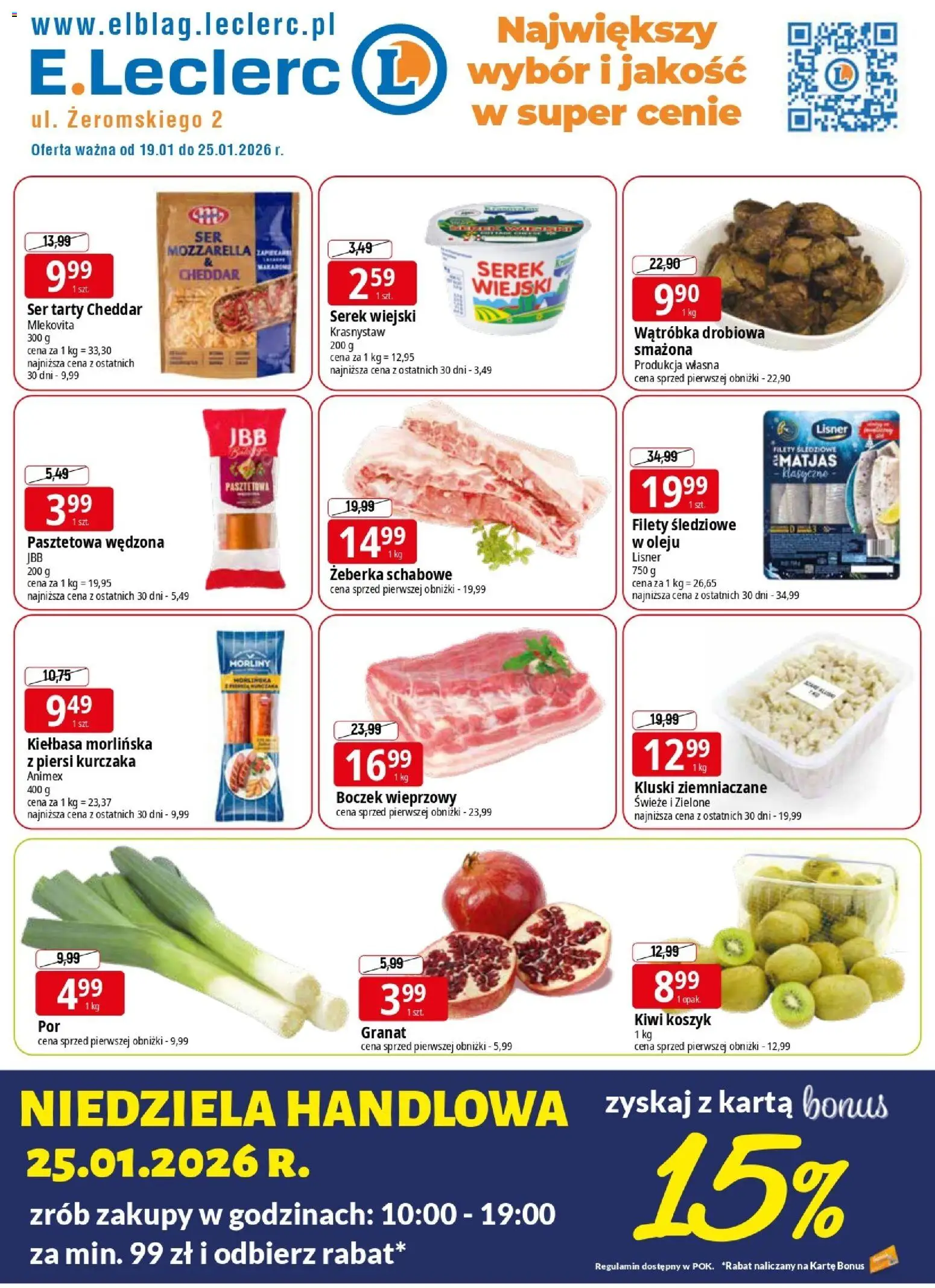 E.Leclerc Gazetka - Elbląg od 19.01.2026 | Strona: 1 | Produkty: Kiełbasa, Piersi, Boczek, Makaron