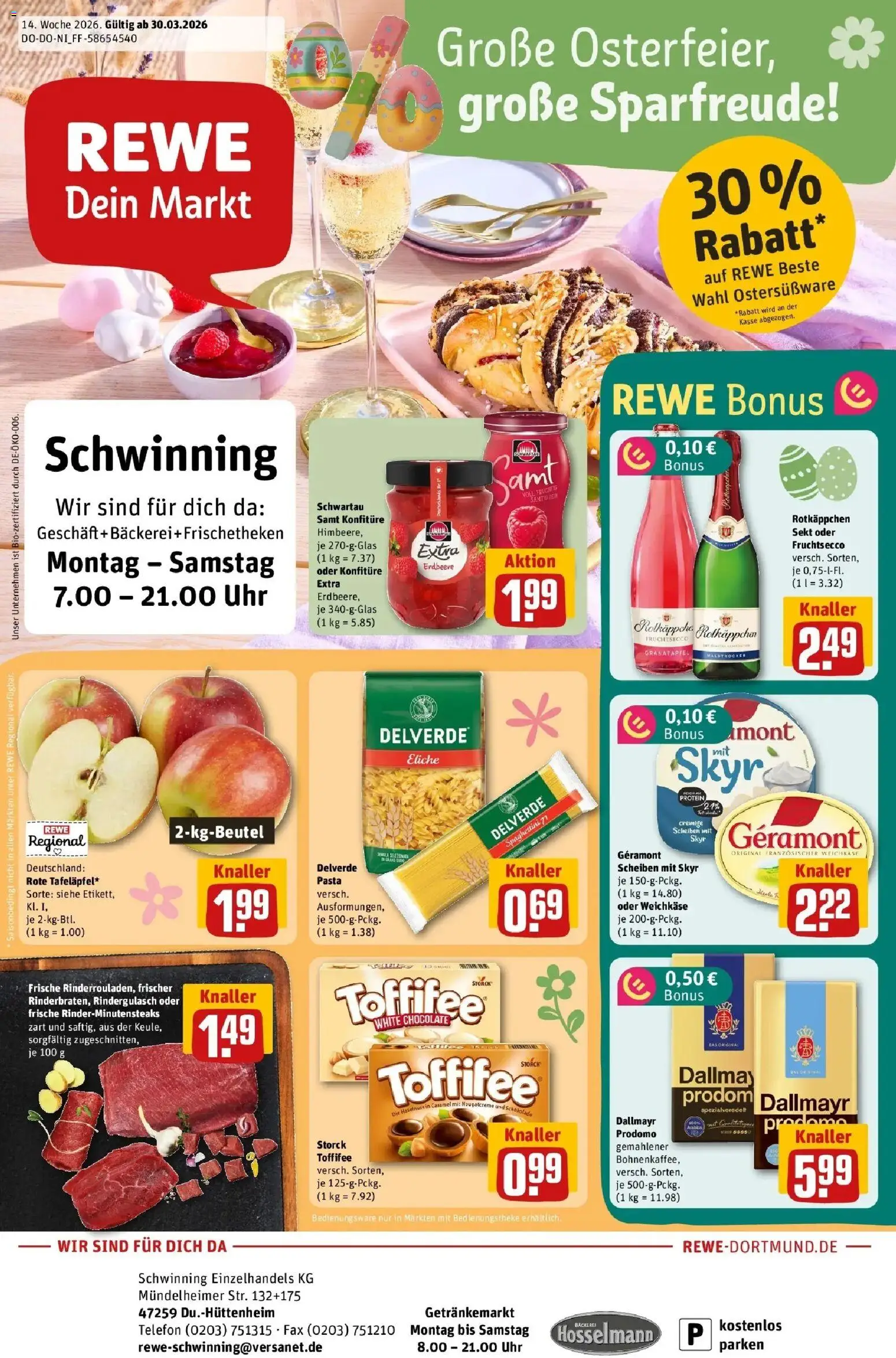 Rewe Prospekt Duisburg	 – gültig ab 30.03.2026 | Seite: 1 | Produkte: Schokolade, Dallmayr, Toffifee, Telefon