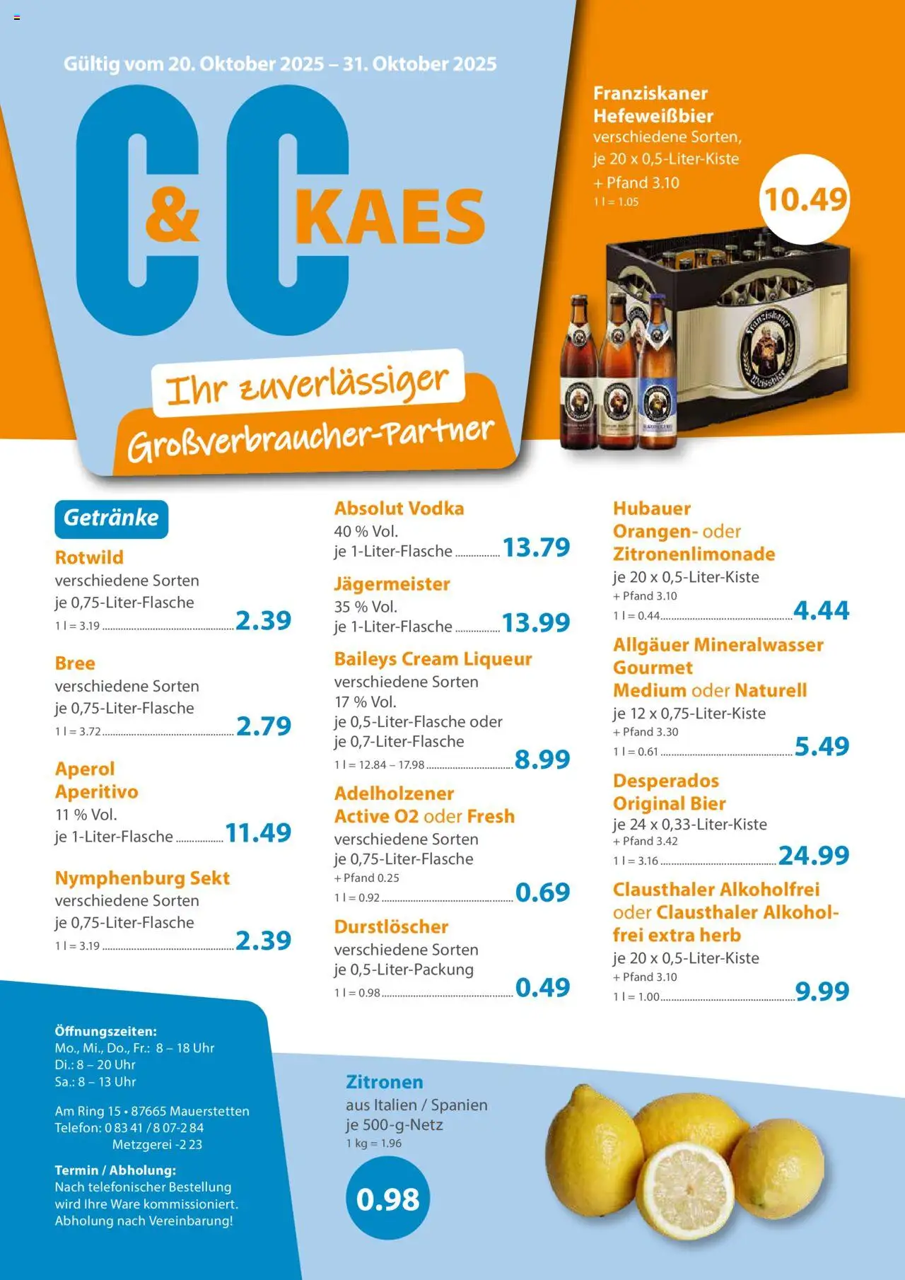 C&C Prospekt – gültig ab 20.10.2025 | Seite: 1 | Produkte: Bier, Sekt, Desperados, Zitronen