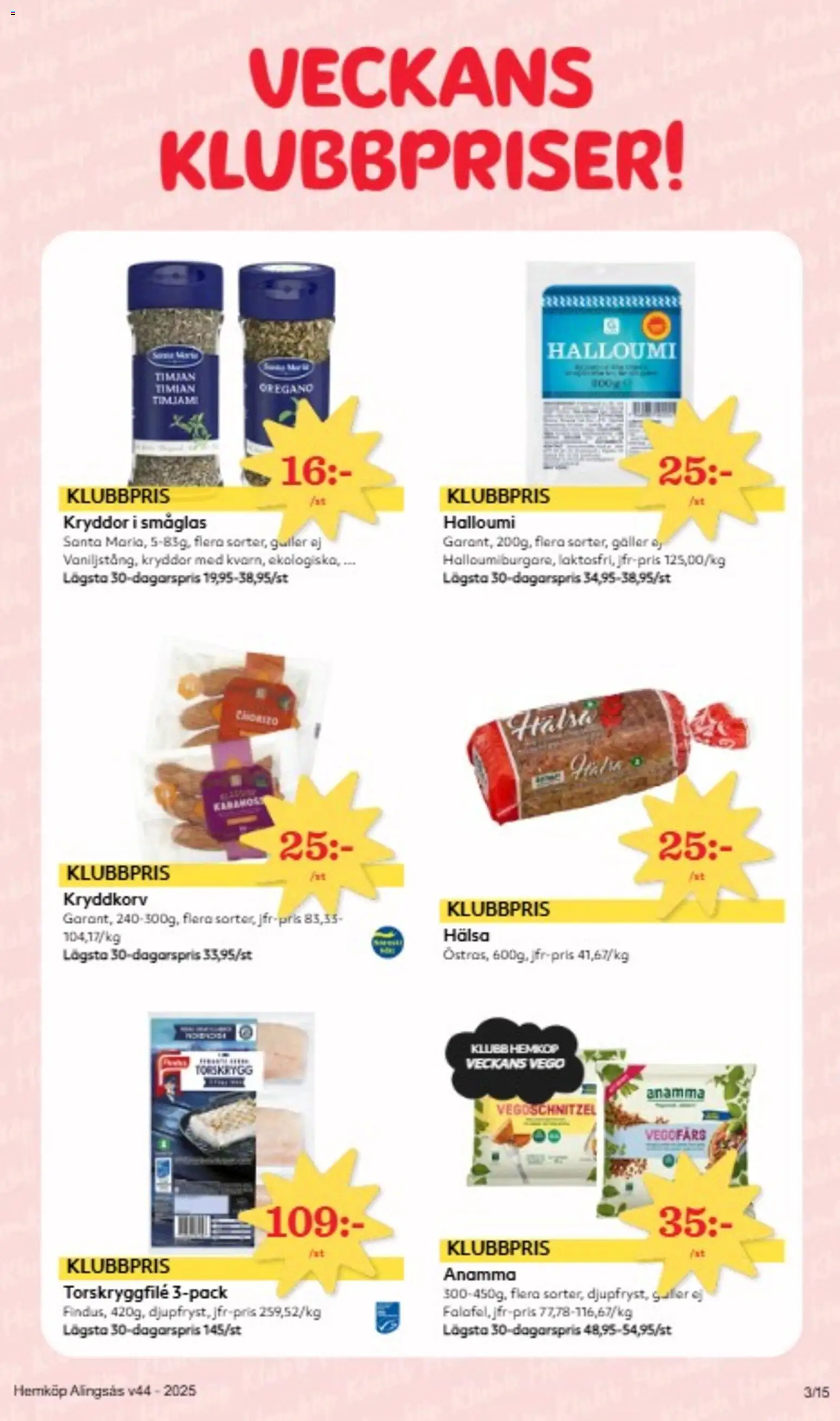 Hemköp reklamblad aktuell från 27.10.2025 | Sida: 3 | Produkter: Timjan, Vegofärs, Falafel, Chorizo