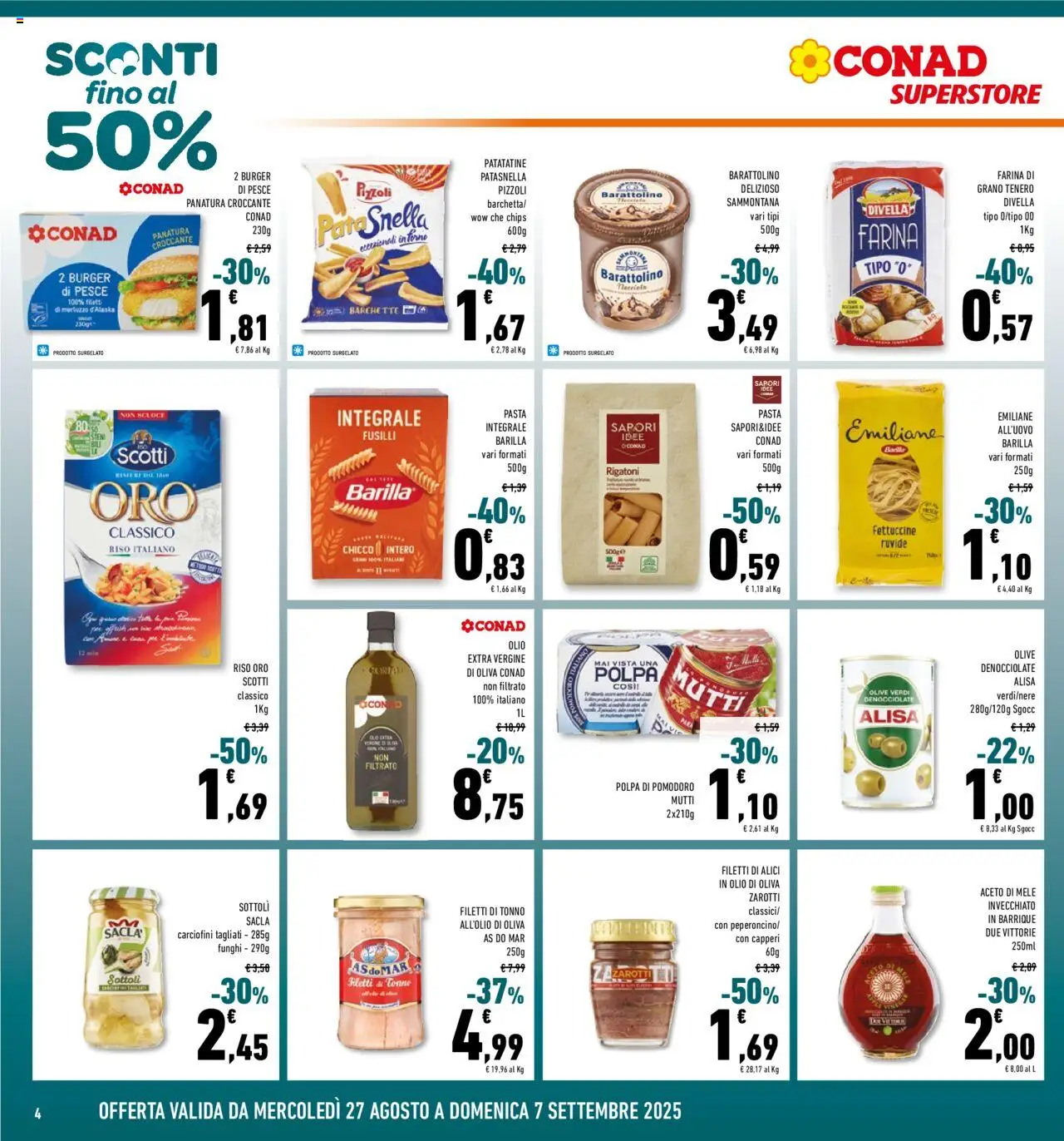 Volantino Conad del 27.08.2025 | Pagina: 4 | Prodotti: Mele, Farina, Pasta, Fettuccine