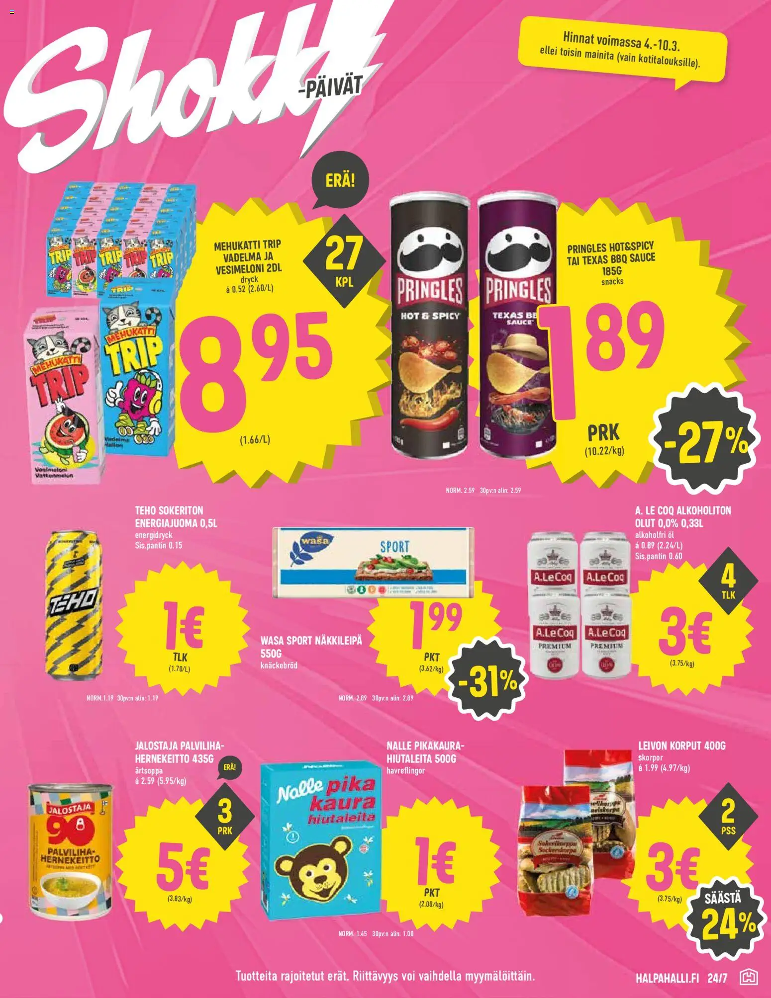 Halpa Halli tarjoukset – voimassa 04.10.2026 alkaen | Sivu: 5 | Tuotteet: Näkkileipä, Voi, Energiajuoma, Hernekeitto