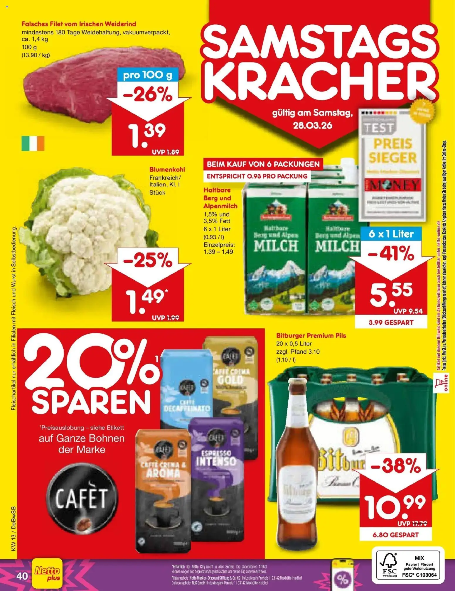 Netto Marken-Discount Prospekt Waiblingen-Bittenfeld	 – gültig ab 23.03.2026 | Seite: 56 | Produkte: Bitburger, Milch, Pils, Blumenkohl