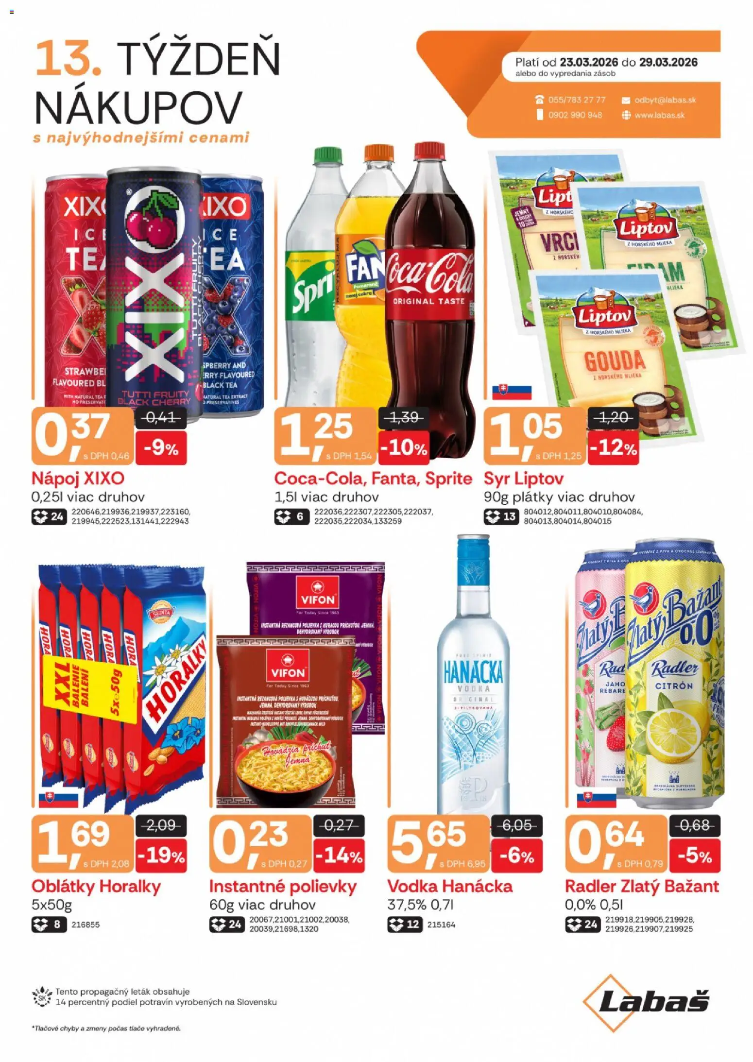 Nové Labaš akcie – leták je platný od 23.03.2026 | Strana: 1 | Produkty: Gouda, Radler, Coca cola, Cola