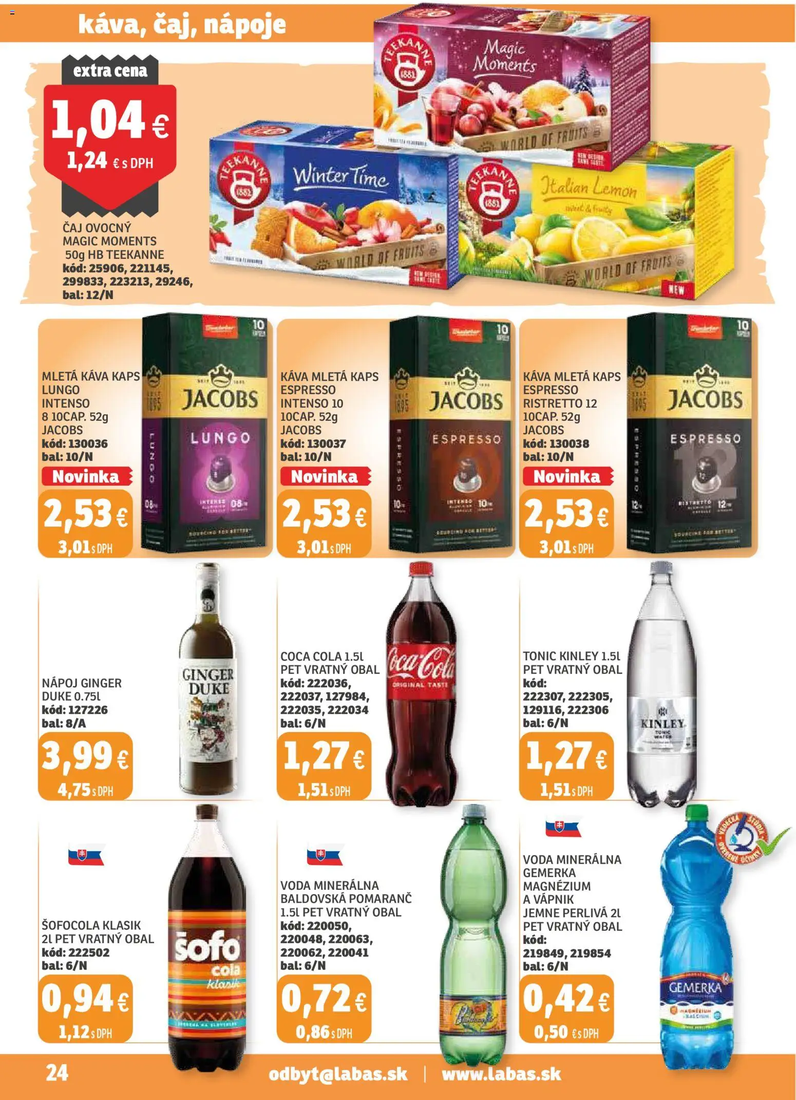 Nové Labaš akcie – leták je platný od 14.11.2025 | Strana: 24 | Produkty: Čaj, Teekanne, Cola, Gemerka