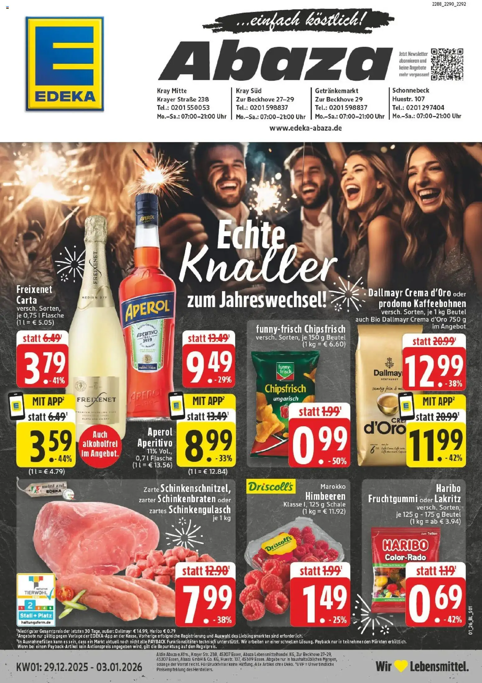 Edeka prospekt Essen	 – gültig ab 28.12.2025 | Seite: 1 | Produkte: Himbeeren, Haribo, Freixenet, Aperol
