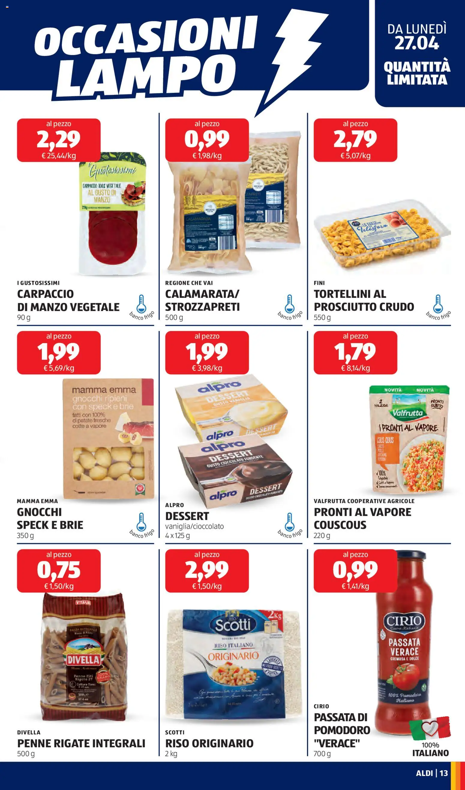 Volantino Aldi del 27.04.2026 | Pagina: 13 | Prodotti: Speck, Prosciutto Crudo, Pomodoro, Gnocchi
