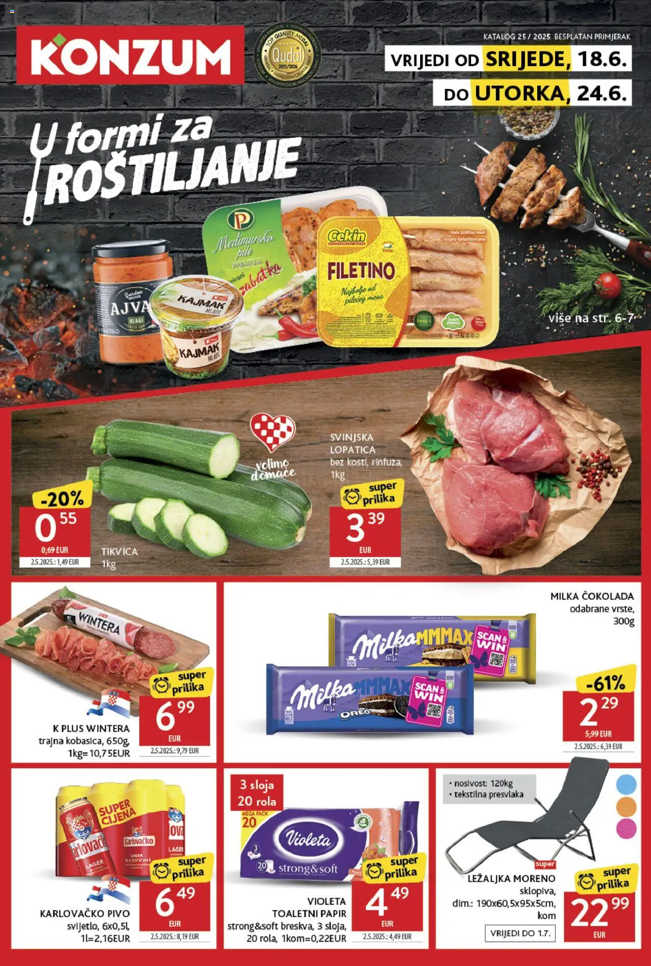 Konzum katalog | vrijedi od 18.06.2025 | Stranica: 1 | Proizvodi: Svinjska lopatica, Čokolada, Karlovačko, Kajmak