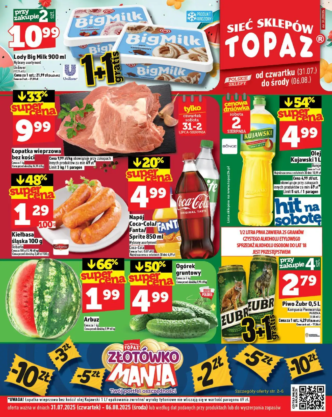Topaz Gazetka od 31.07.2025 | Strona: 1 | Produkty: Sprite, Big Milk, Olej kujawski, Łopatka wieprzowa