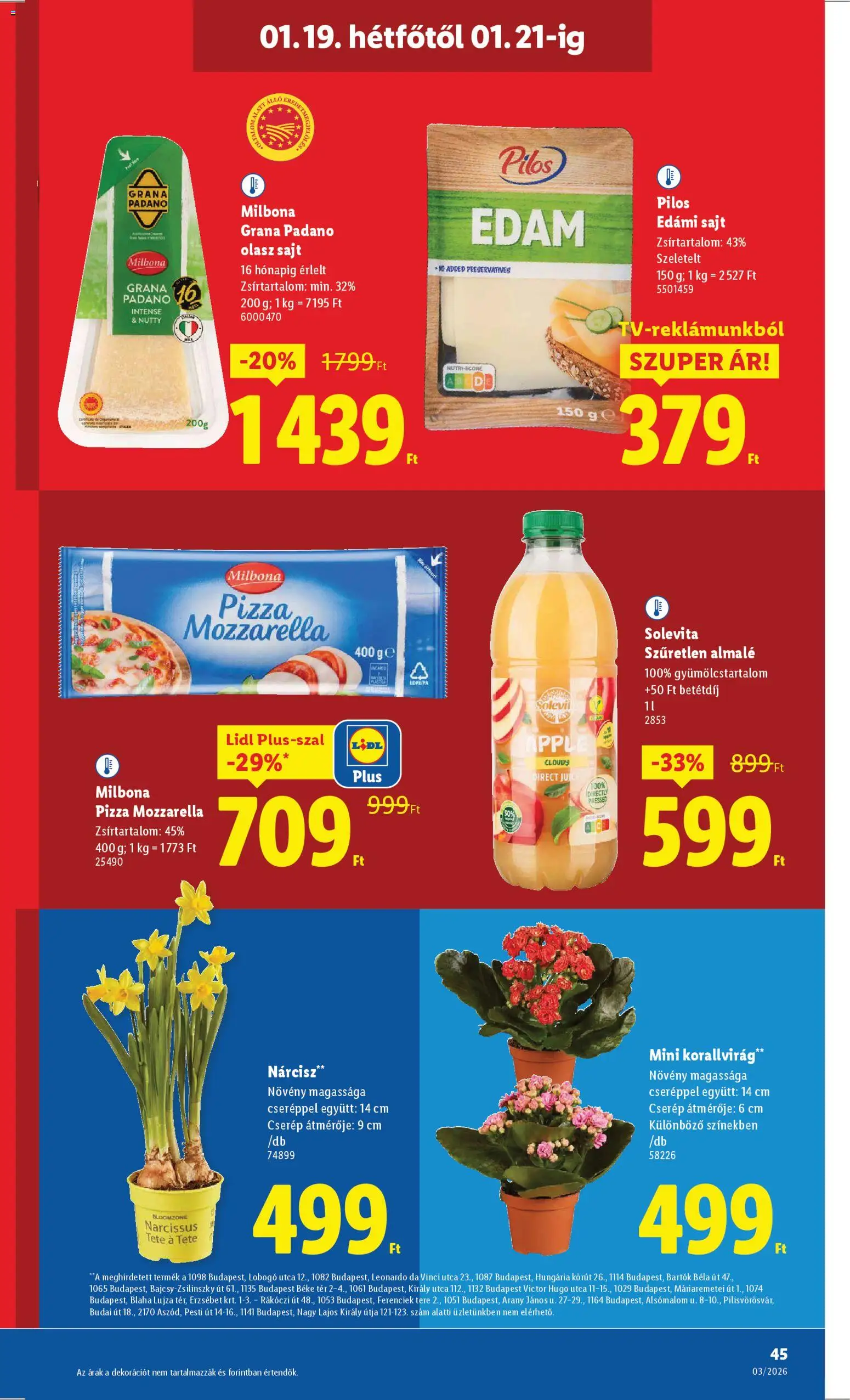 Lidl akciós ujság - amely érvényes a következő dátumtól: 15.01.2026 | Oldal: 45 | Termékek: Mozzarella, Edami sajt, Grana padano, Almalé