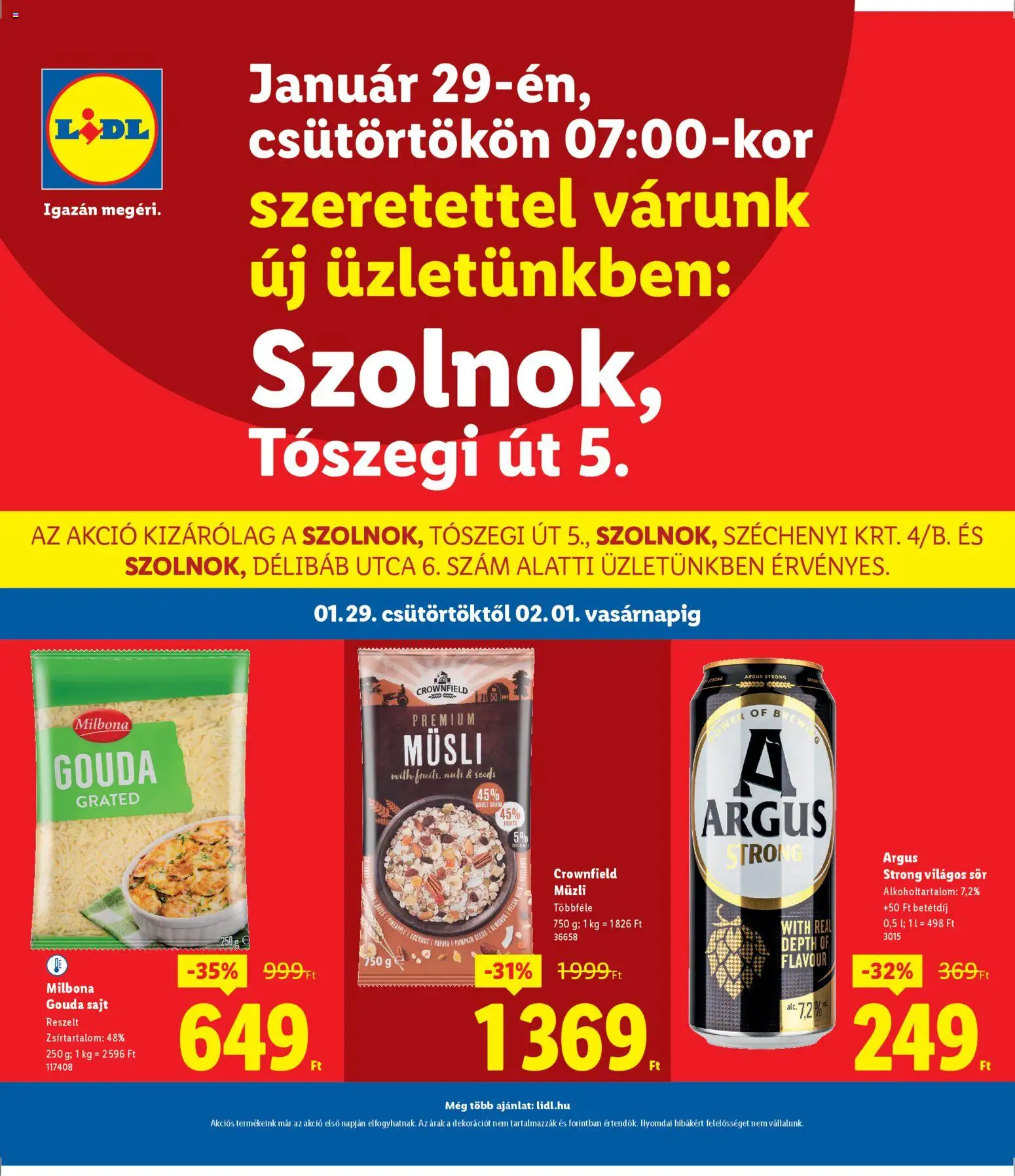 Lidl akciós ujság - amely érvényes a következő dátumtól: 29.01.2026 | Oldal: 1 | Termékek: Müzli, Gouda, Sajt, Sör