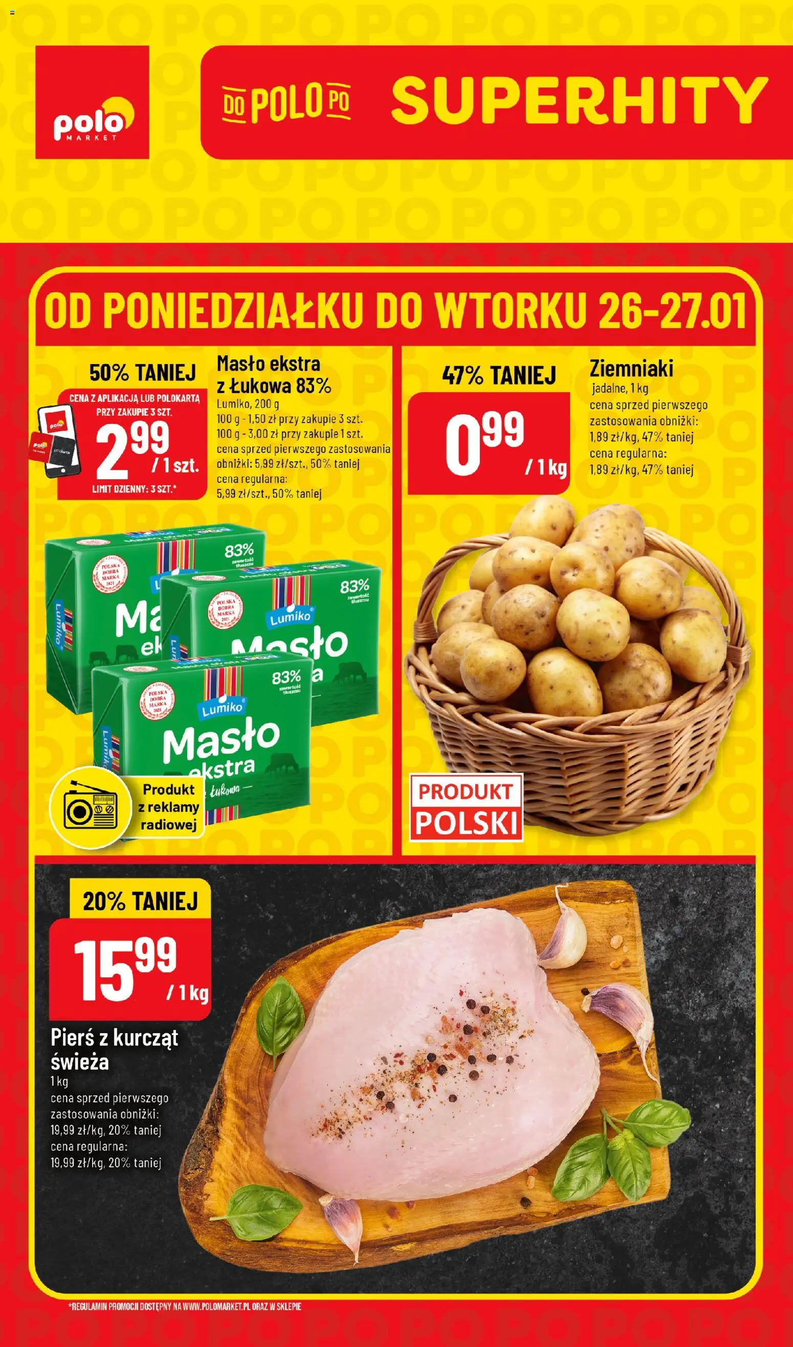 POLOmarket Gazetka - Super Hity od 26.01.2026 | Strona: 1 | Produkty: Masło, Ziemniaki
