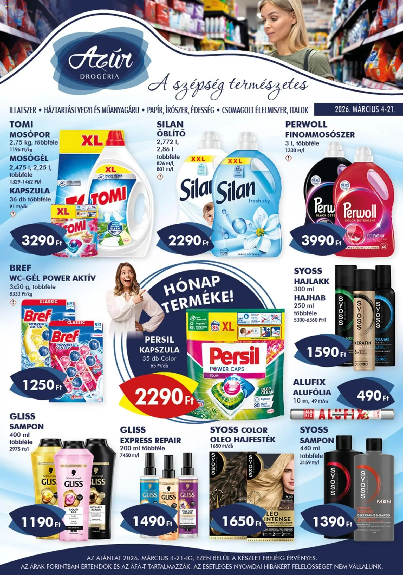 Azur akciós ujság - amely érvényes a következő dátumtól: 04.03.2026 | Oldal: 1 | Termékek: Öblítő, Sampon, Hajlakk, Mosópor