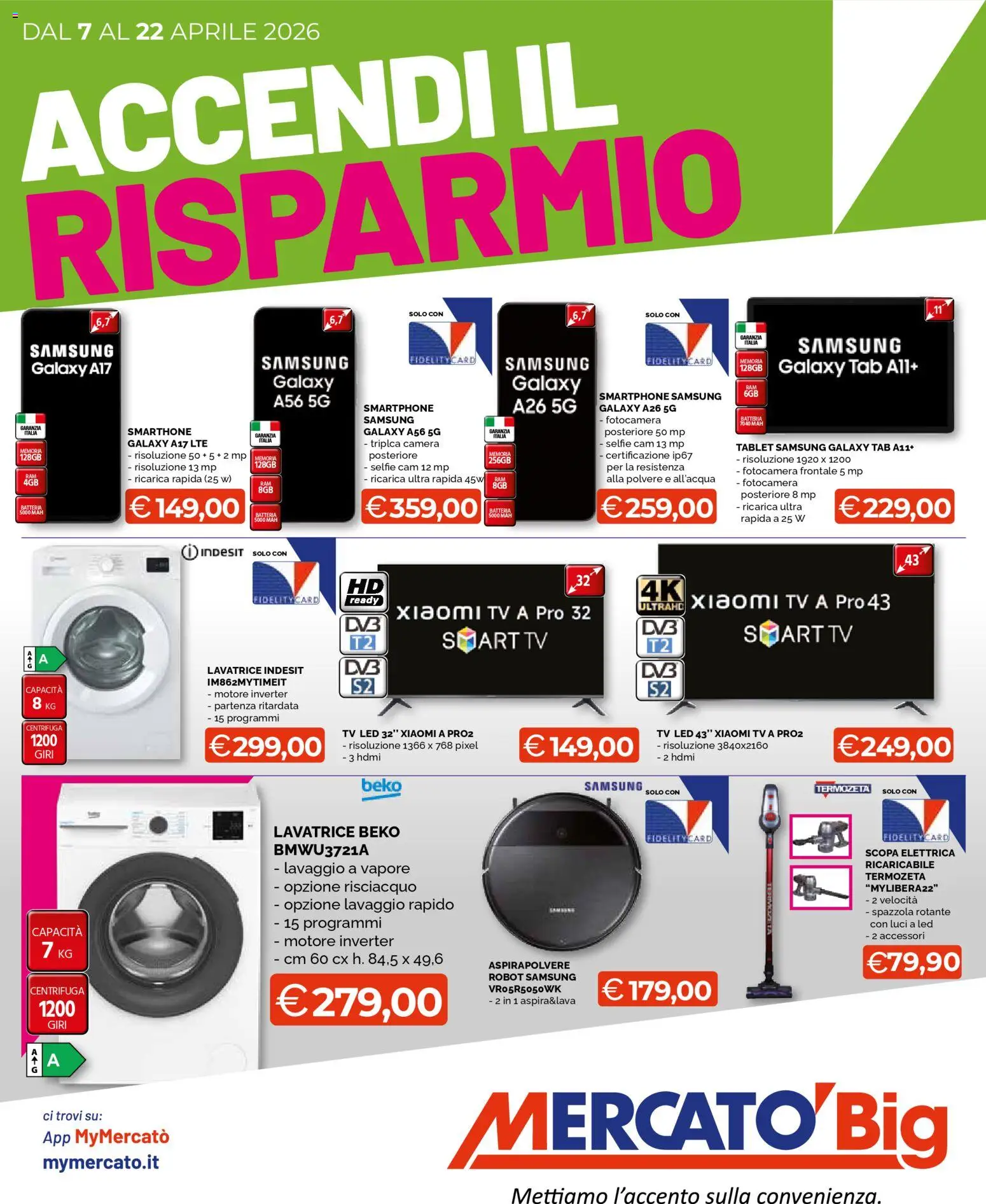 Volantino Mercatò del 07.04.2026 | Pagina: 1 | Prodotti: Xiaomi, Samsung Galaxy, Scopa elettrica, Smartphone