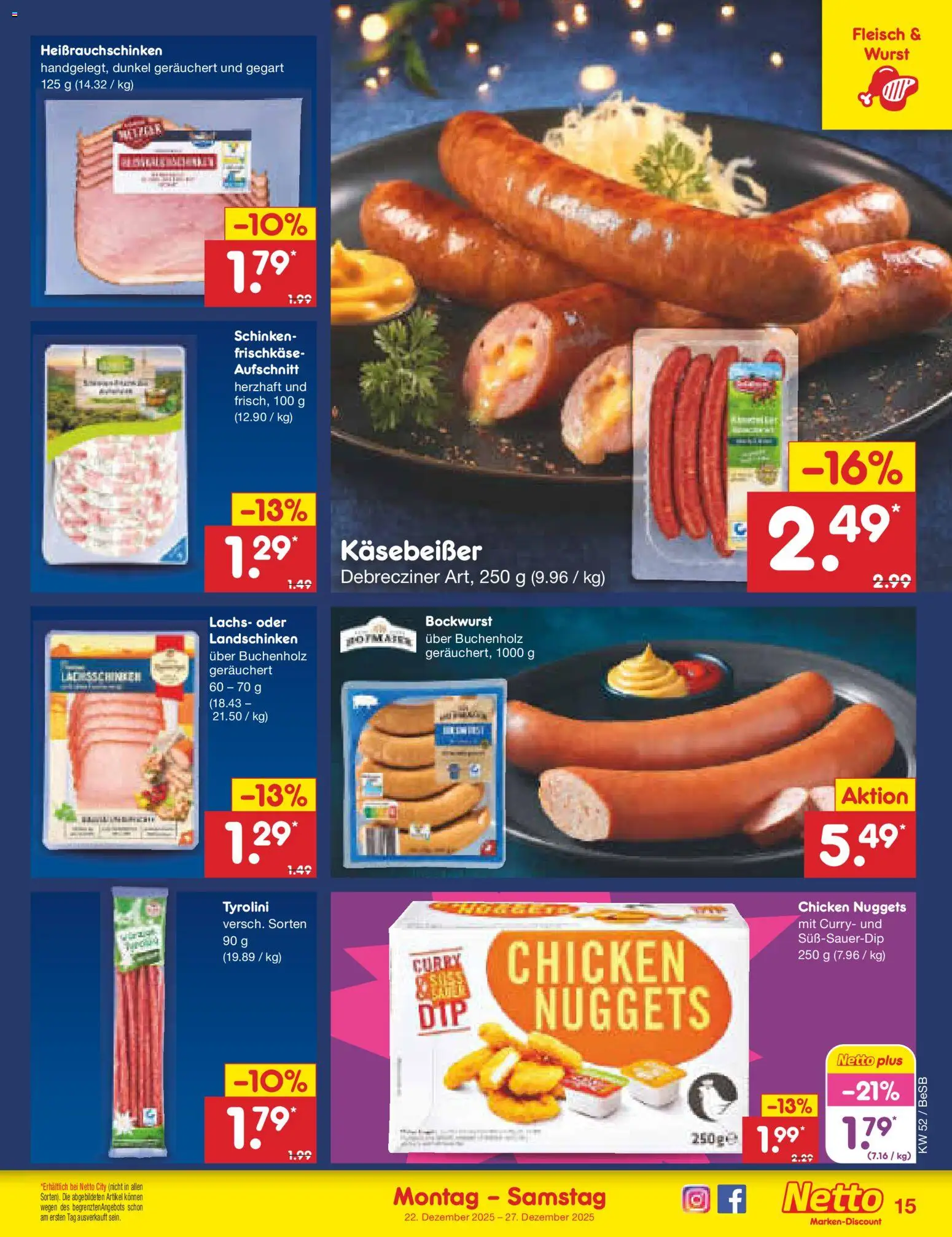 Netto Marken-Discount Prospekt 	 – gültig ab 22.12.2025 | Seite: 15 | Produkte: Bockwurst, Lachs, Fleisch, Frischkase