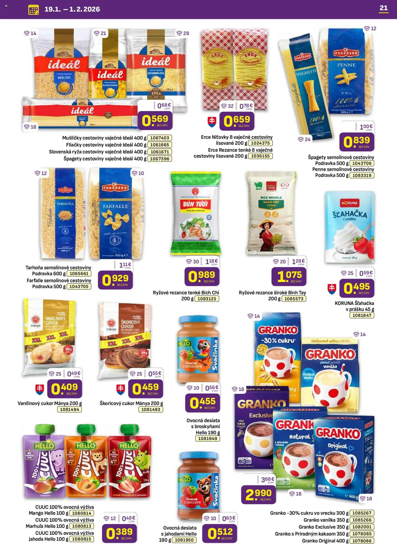 Nové Libex akcie – leták je platný od 19.01.2026 | Strana: 21 | Produkty: Penne, Cestoviny, Cukor, Tarhoňa