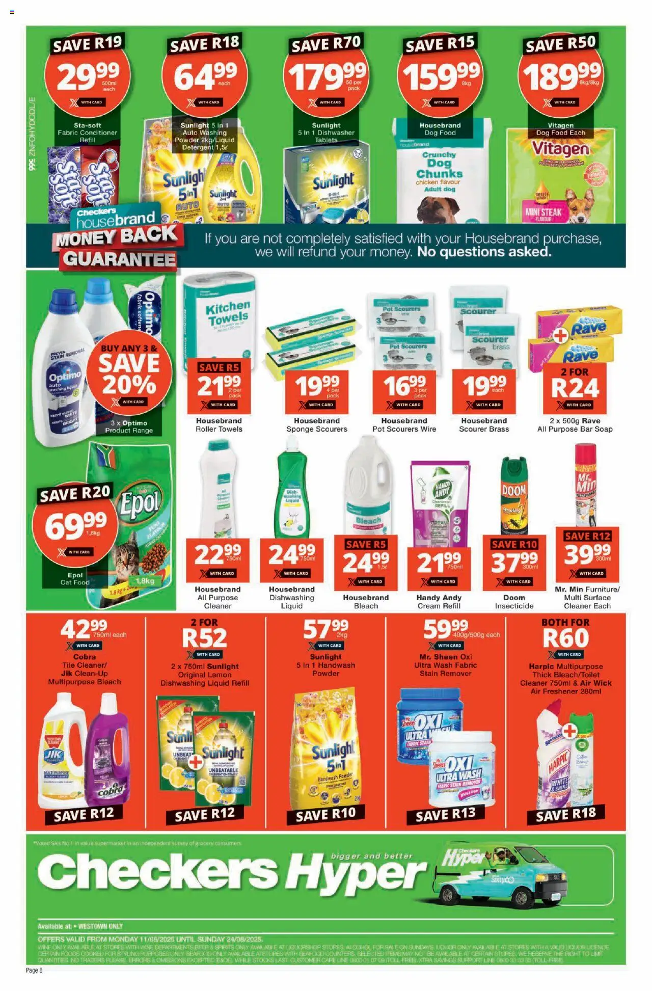 Checkers KwaZulu-Natal - Hyper Westown August Mid-Month Promotion │ valid from 11.08.2025 | Page: 8 | Products: Bleach, Detergent, Cat food, Dishwashing liquid