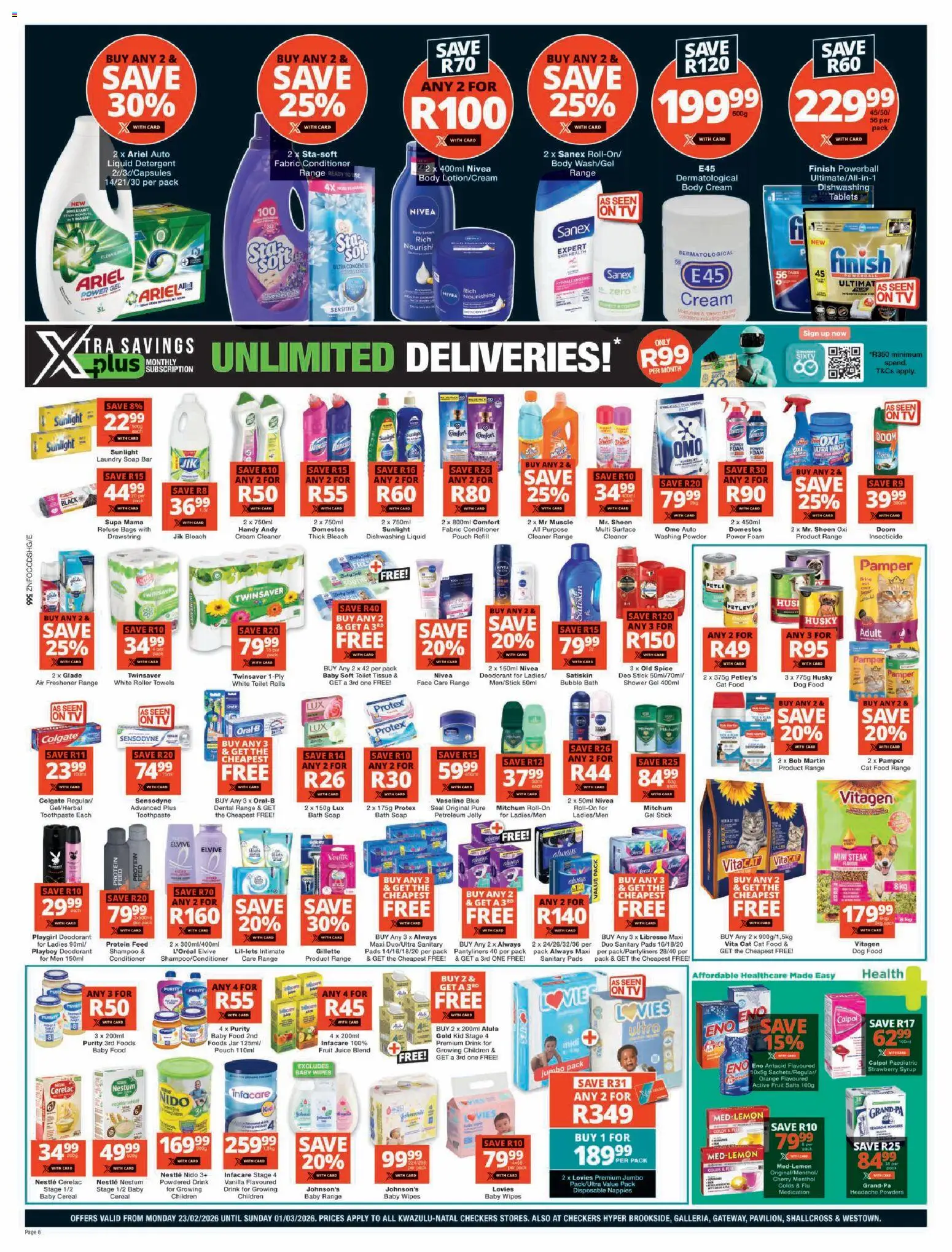 New Checkers catalogue – valid from 23.02.2026 | Page: 6 | Products: Shower, Cream, Washing powder, Cat food