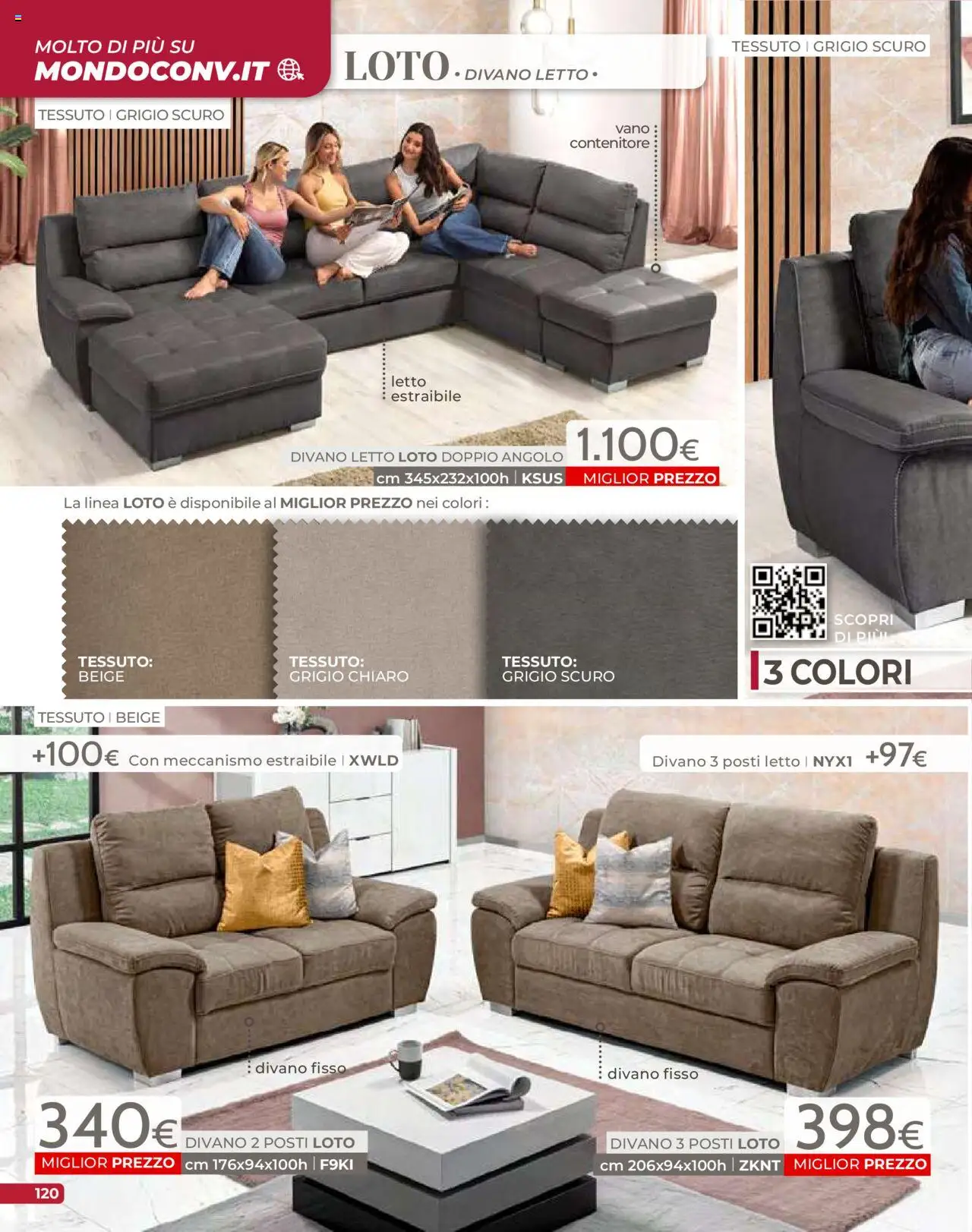 Volantino Mondo Convenienza del 09.09.2025 | Pagina: 122 | Prodotti: Divano letto, Contenitore, Letto, Divano