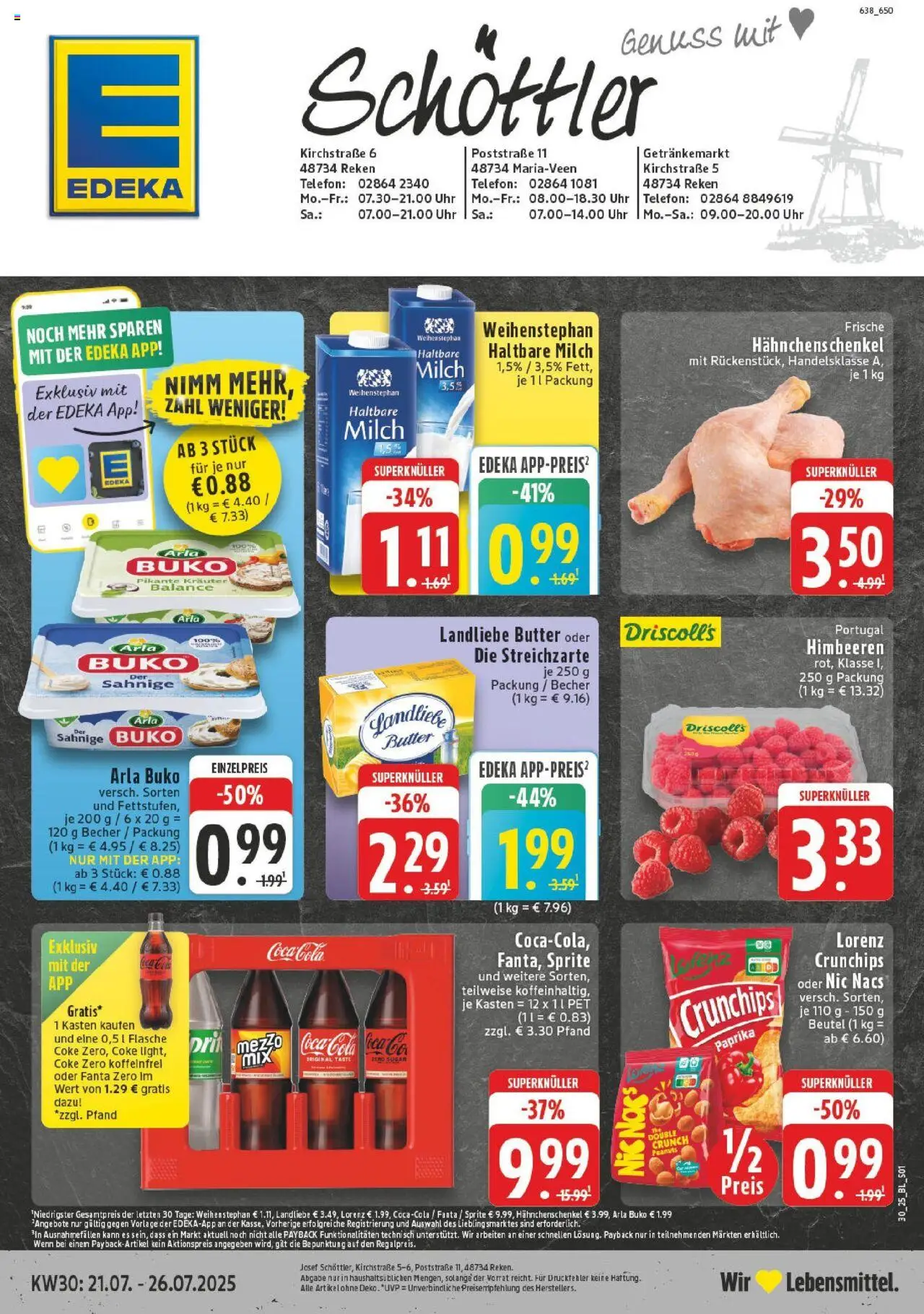 Edeka prospekt Reken - Maria Veen	 - gültig ab dem 20.07.2025 | Seite: 1 | Produkte: Himbeeren, Hahnchenschenkel, Milch, Arla buko