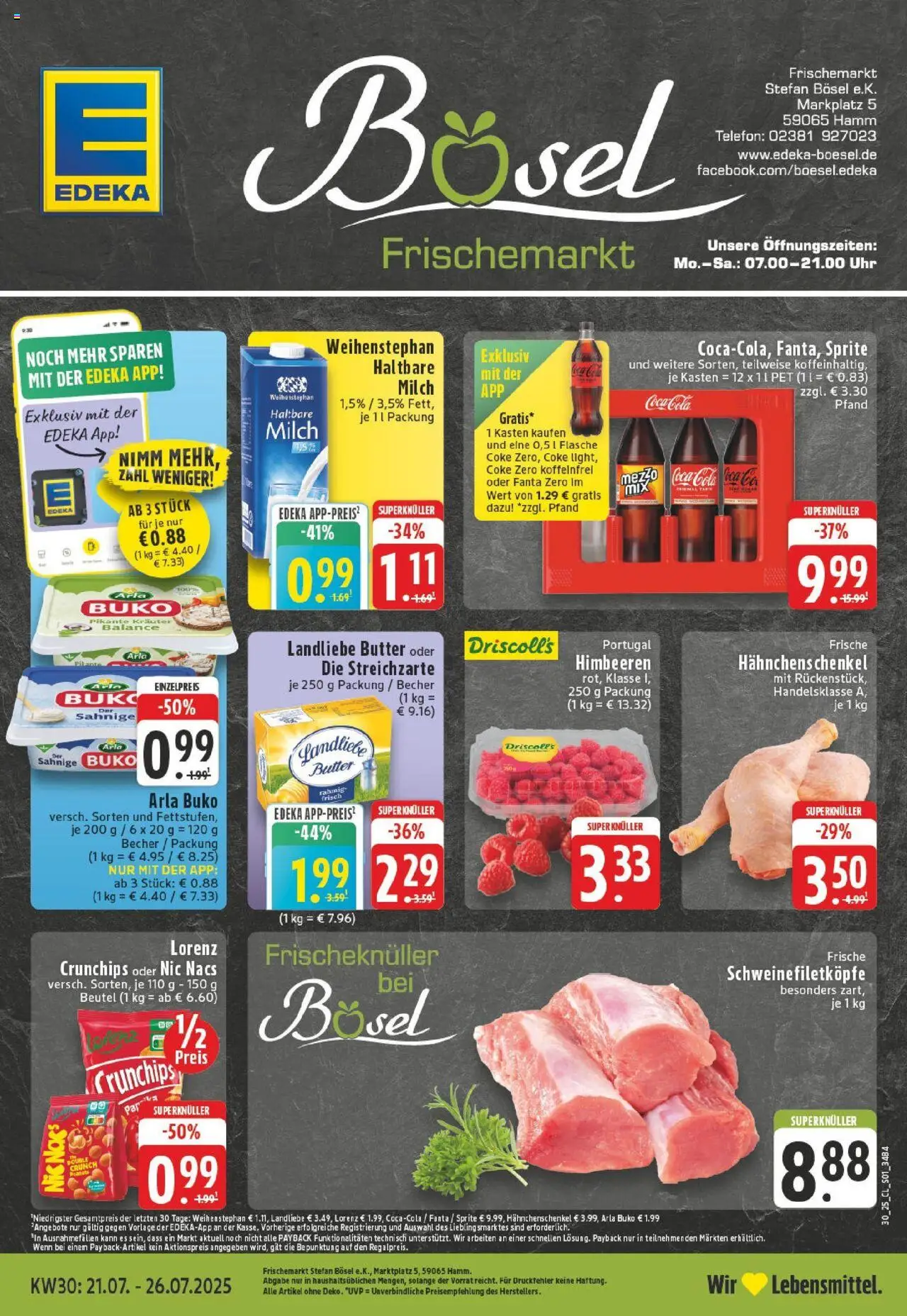 Edeka prospekt Hamm	 - gültig ab dem 20.07.2025 | Seite: 1 | Produkte: Himbeeren, Hahnchenschenkel, Butter, Telefon
