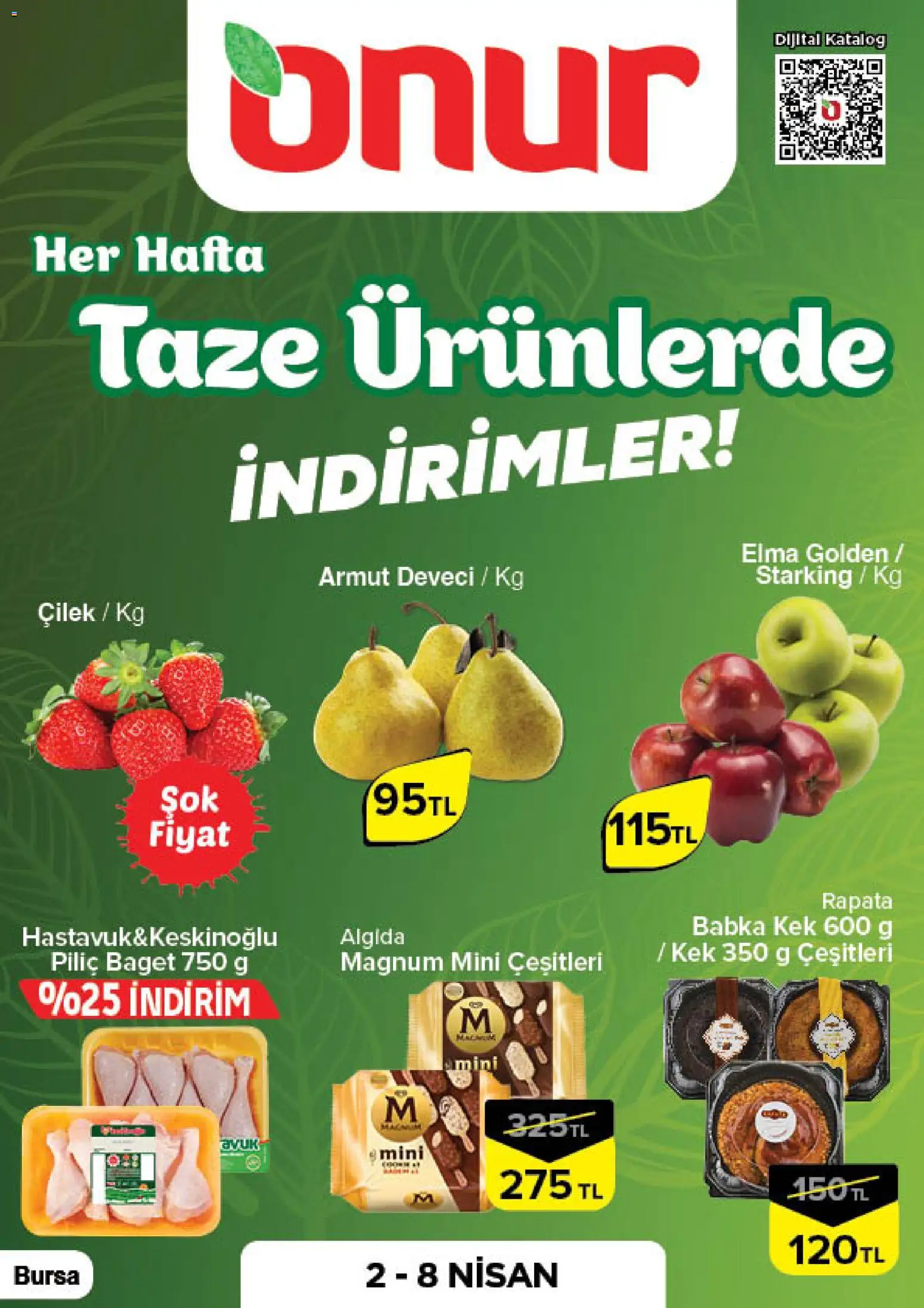 Onur Market - Taze Ürünlerde İndirimler - Bursa - 02.04.2026 tarihinden itibaren geçerlidir | Sayfa: 1 | Ürünler: Elma, Çilek, Piliç, Armut