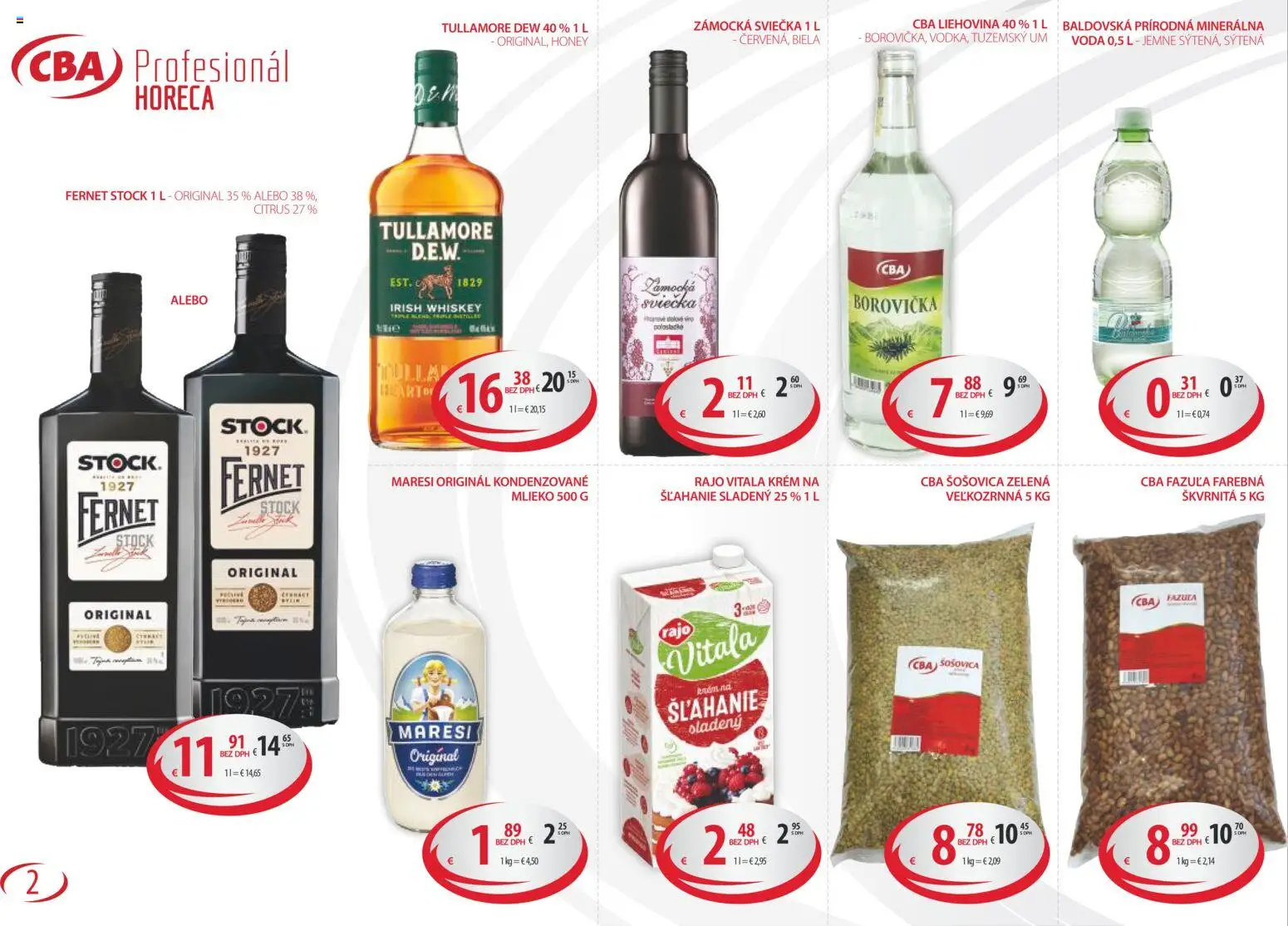 Nové CBA Komfos akcie – leták je platný od 14.11.2025 | Strana: 2 | Produkty: Borovička, Fazuľa, Krém, Tullamore Dew