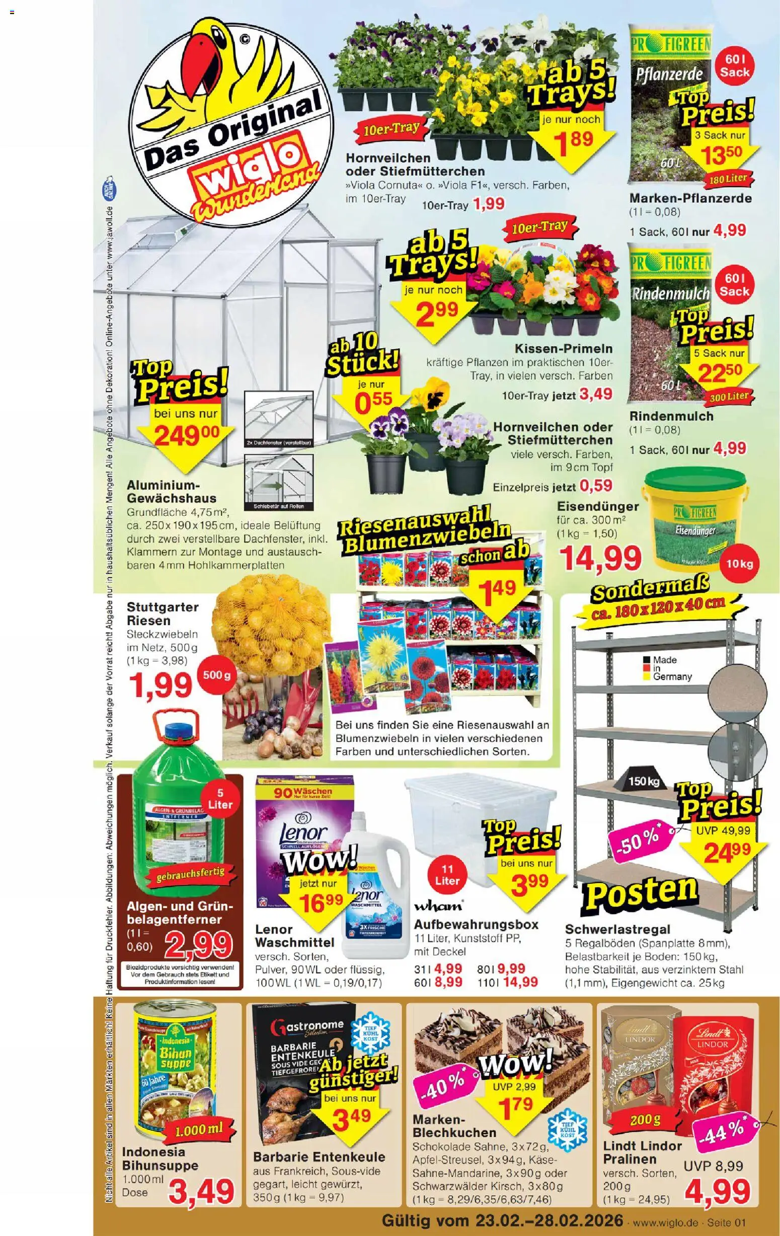 Wiglo Wunderland Prospekt – gültig ab 23.02.2026 | Seite: 1 | Produkte: Top, Pflanzerde, Waschmittel, Lindt