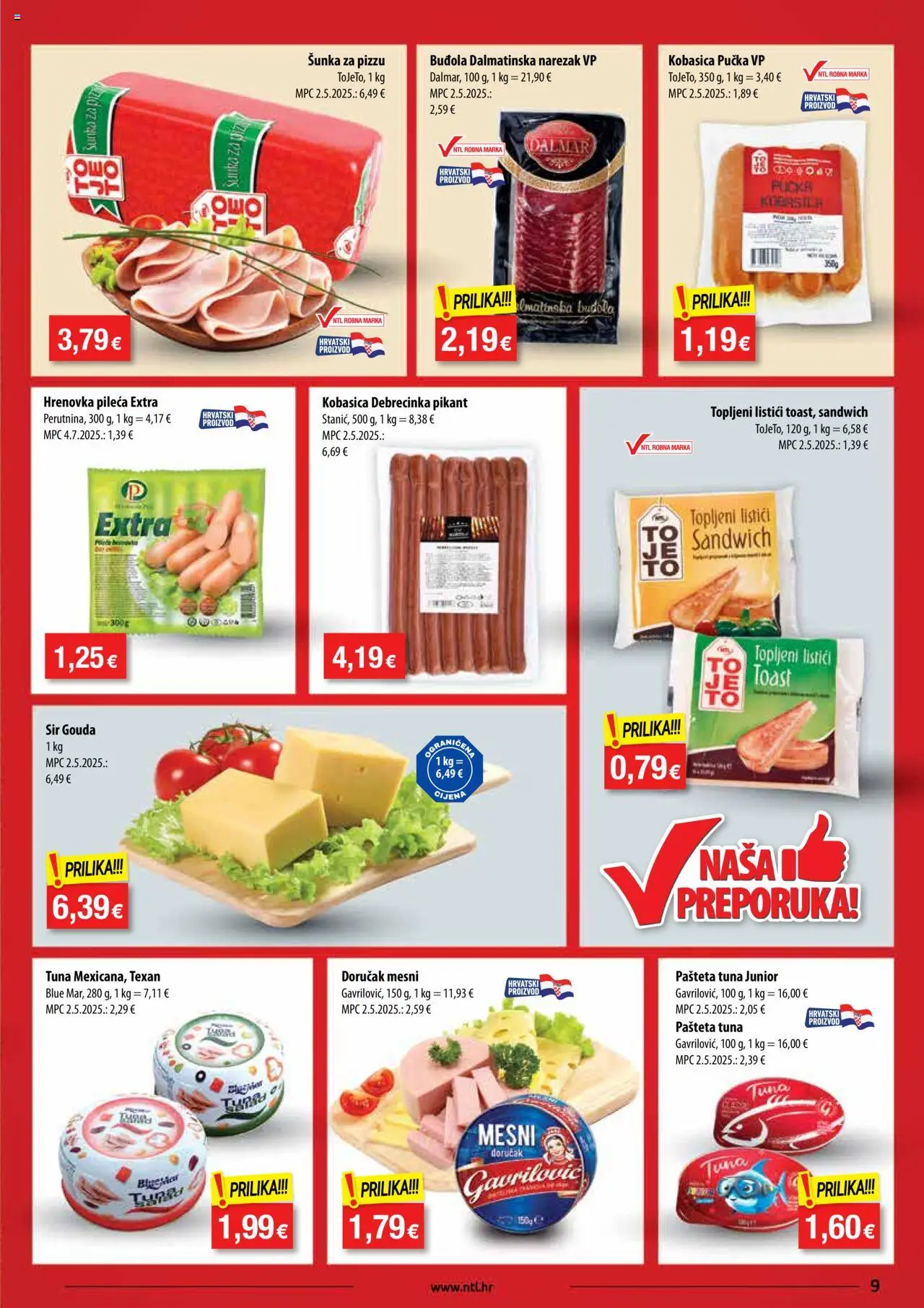 NTL katalog | vrijedi od 01.10.2025 | Stranica: 9 | Proizvodi: Sir, Buđola, Mesni doručak, Tuna