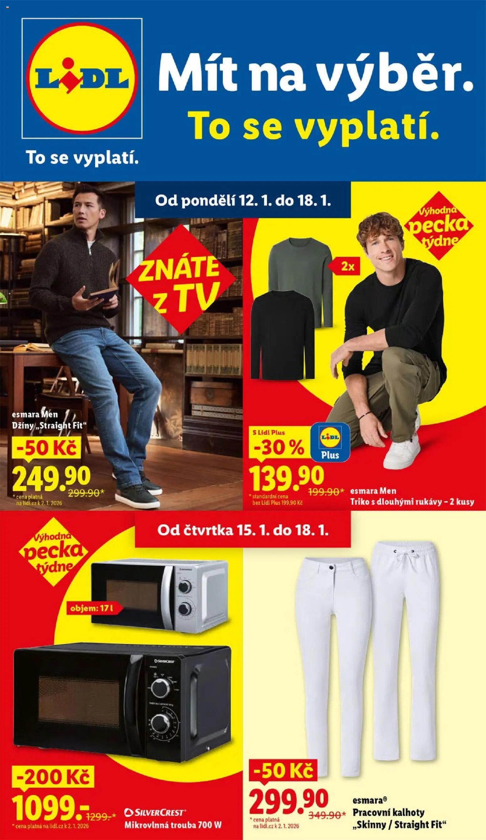 Lidl leták - Spotřební zboží od 12.01.2026 | Strana: 1 | Produkty: Džíny, Tv, Mikrovlnná trouba, Pants