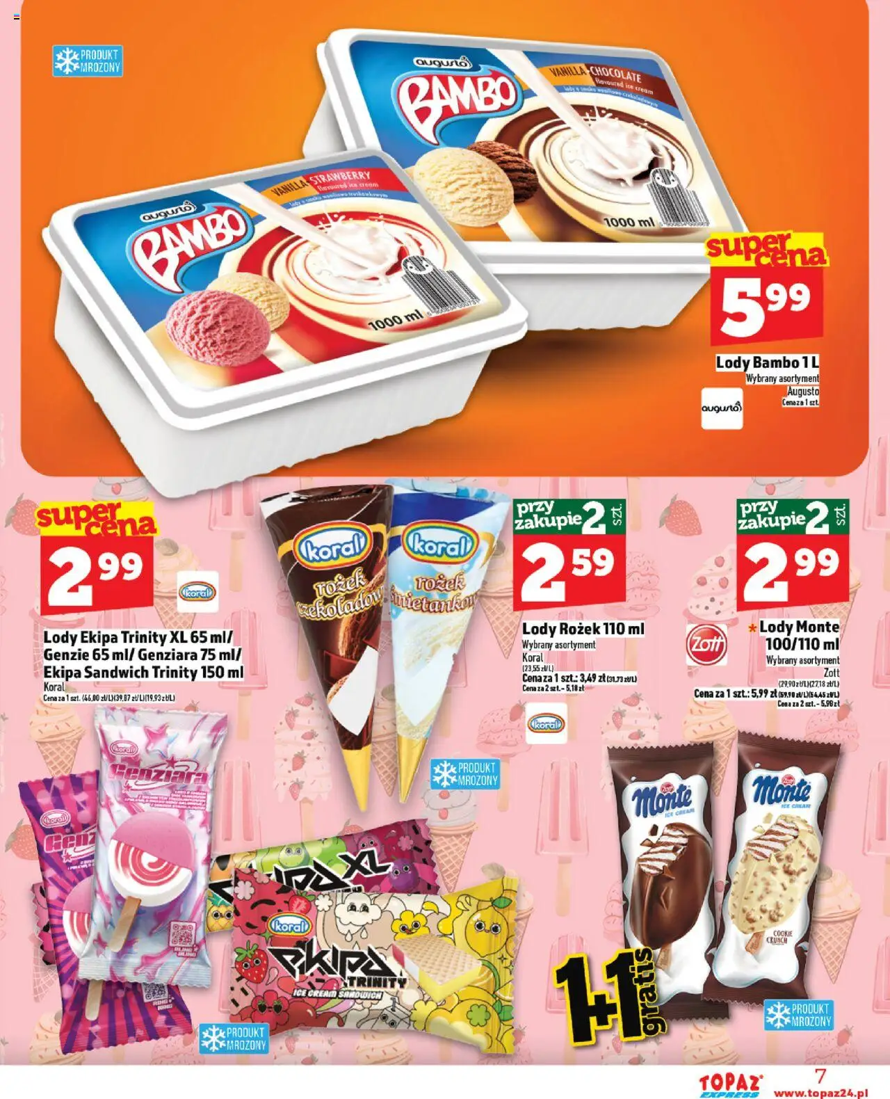 Topaz Gazetka - Express od 07.08.2025 | Strona: 7 | Produkty: Lody bambo, Sandwich, Lody