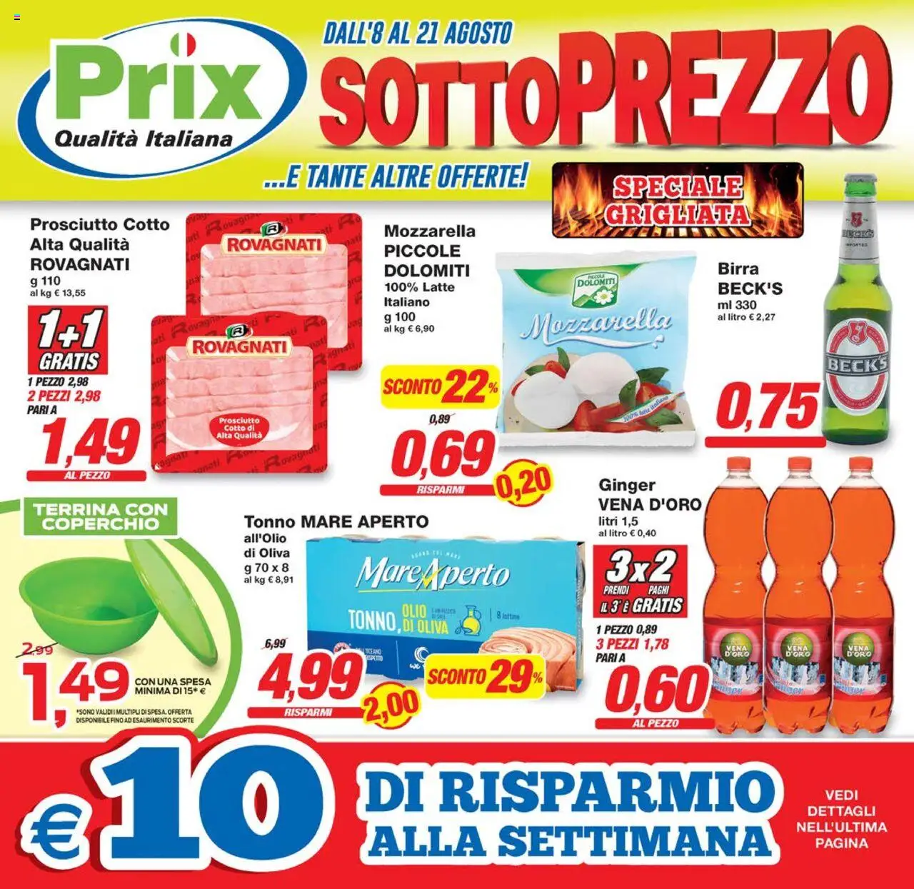 Volantino Prix del 08.08.2025 | Pagina: 1 | Prodotti: Prosciutto Cotto, Birra, Mozzarella, Latte