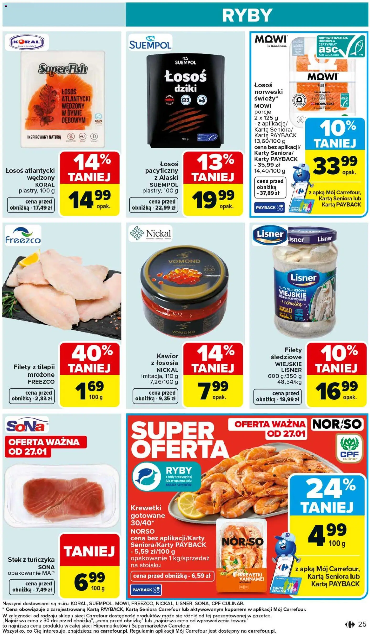 Carrefour Gazetka od 26.01.2026 | Strona: 27 | Produkty: Karta, Łosoś, Krewetki vannamei, Kawior