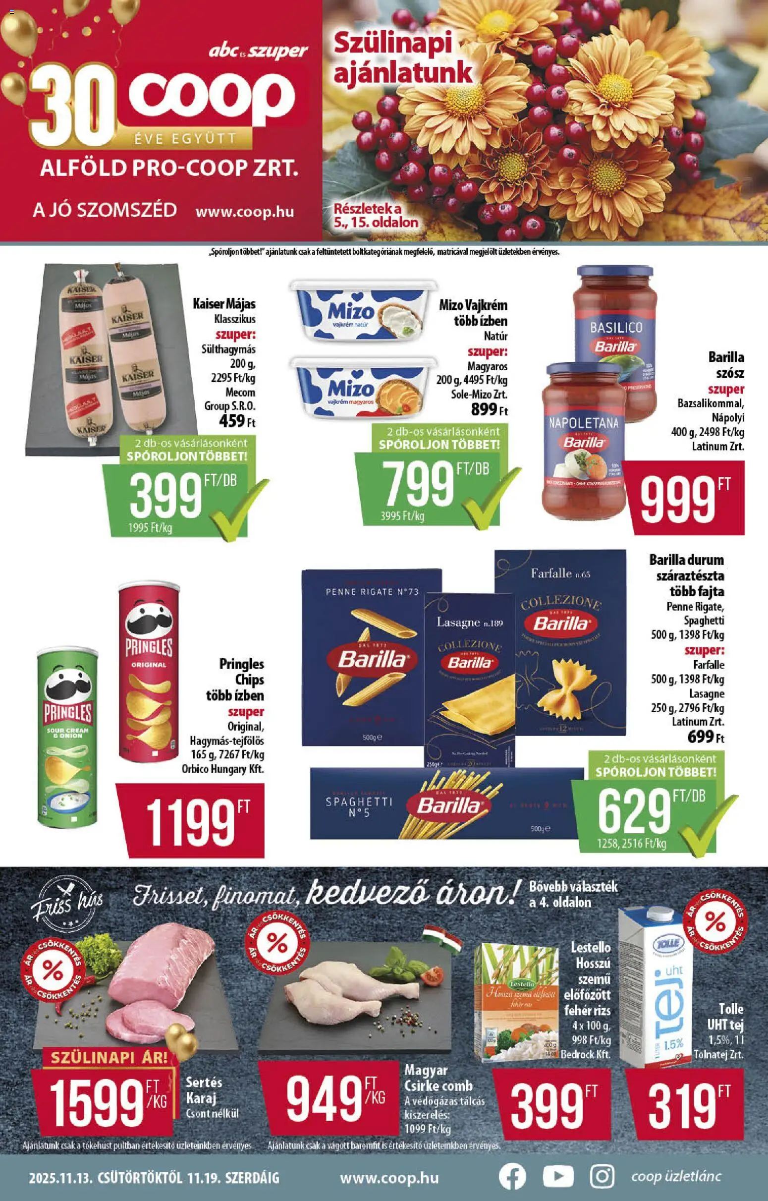COOP akciós ujság - amely érvényes a következő dátumtól: 13.11.2025 | Oldal: 1 | Termékek: Tej, Lasagne, Száraztészta, Vajkrém