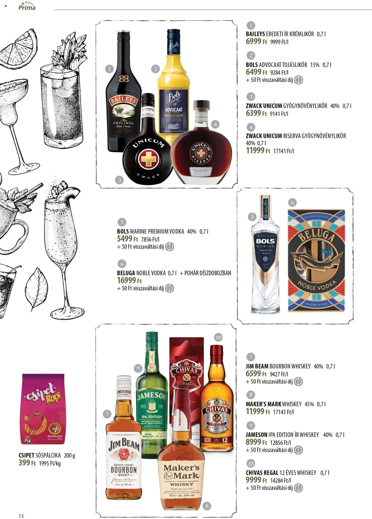 CBA Príma akciós ujság - amely érvényes a következő dátumtól: 11.11.2025 | Oldal: 14 | Termékek: Unicum riserva, Ropi, Vodka, Pohár