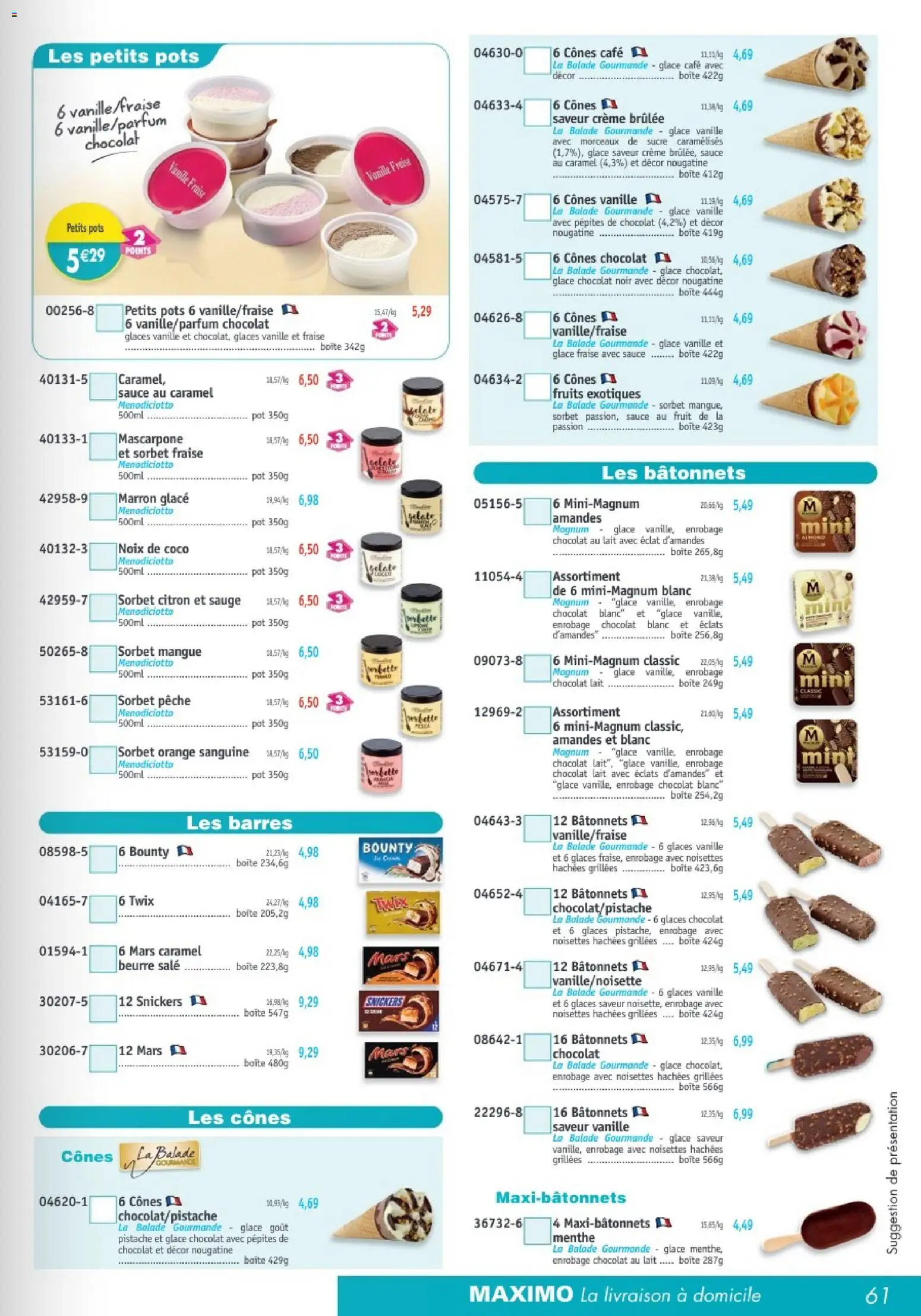 {H1} | Page: 61 | Produits: Fraise, Noix de coco, Pépites de chocolat, Cônes