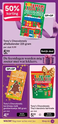 Tony's Chocolonely kerstreep melk gemberkoekje 180 gram, Tony's Chocolonely kerstreep melk gemberkoekje 180 gram - Voorbeeld van een folder van Etos, geldig van 08.12.2025 | Pagina: 104 | Producten: Melk, Zak