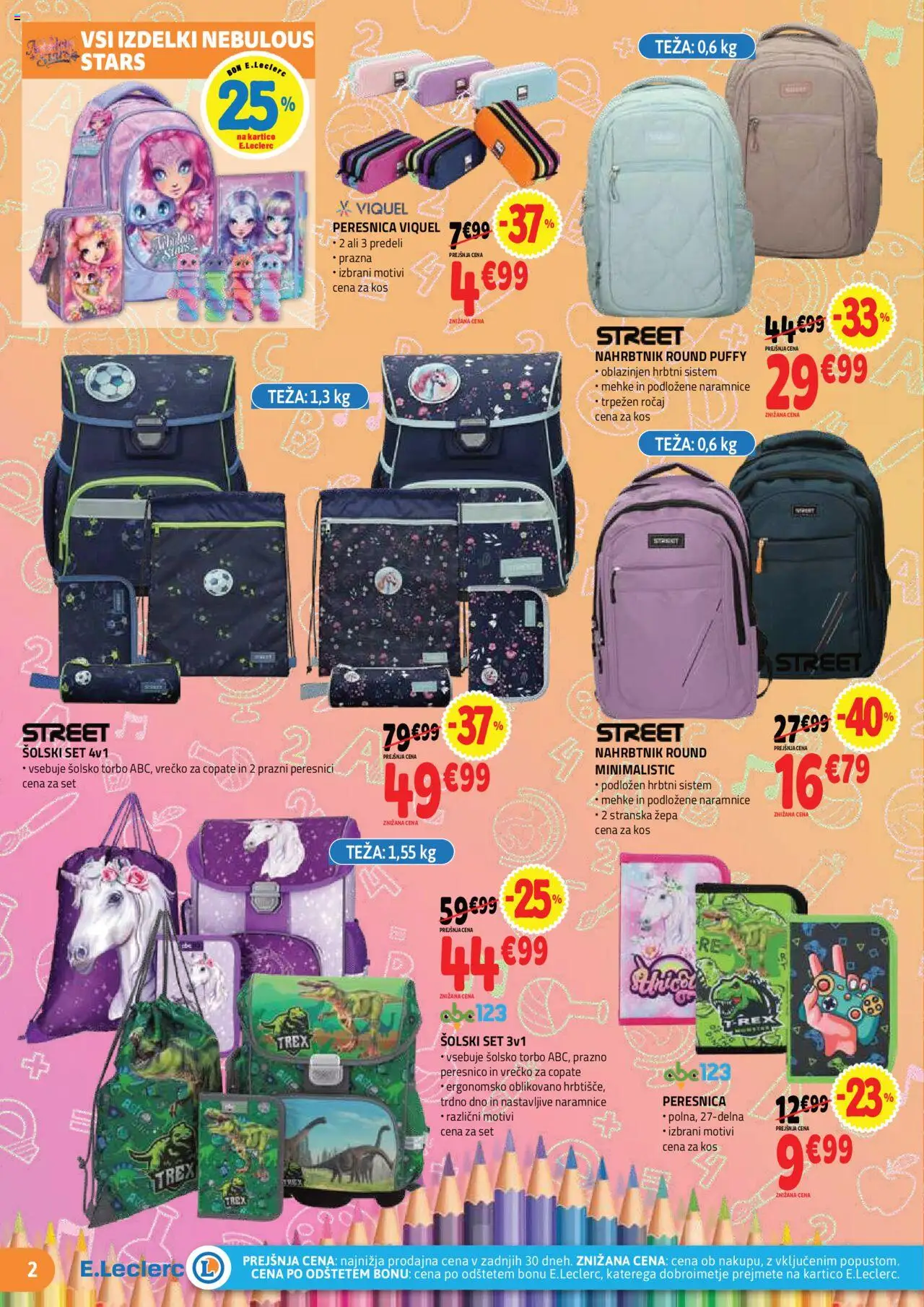 E.leclerc katalog vse za šolo │ velja od 13.08.2025 | Stran: 2 | Izdelki: Teza, Kos, Peresnica, Nahrbtnik