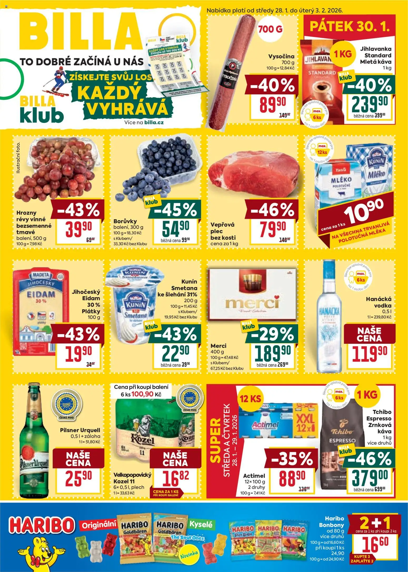 Billa Velký leták od 28.01.2026 | Strana: 1 | Produkty: Smetana, Tchibo, Pilsner, Eidam