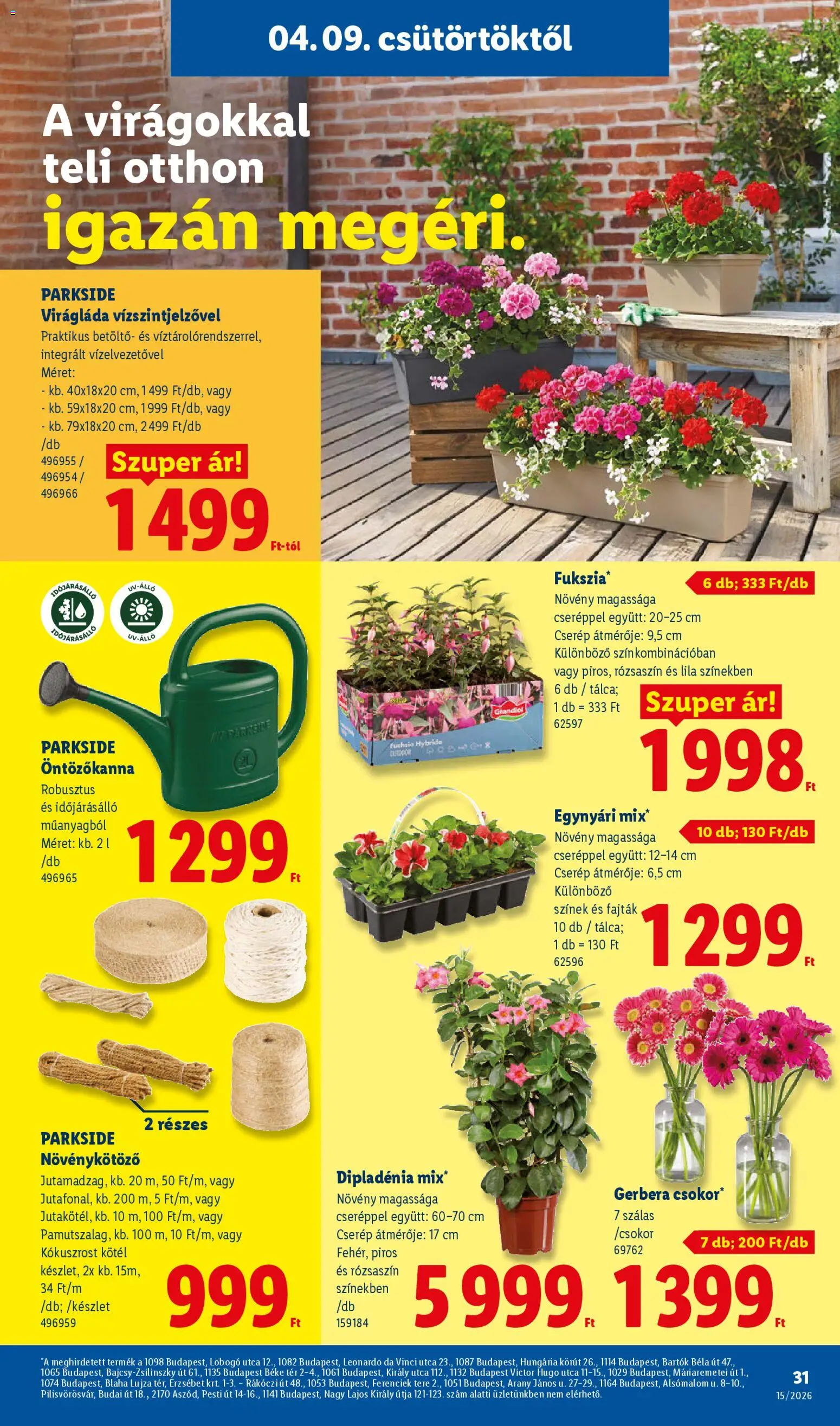 Lidl akciós ujság - amely érvényes a következő dátumtól: 09.04.2026 | Oldal: 31 | Termékek: Parkside, Kötél, Öntözőkanna, Virágláda