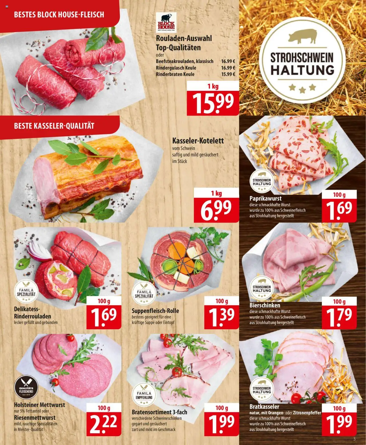 Famila Prospekt 	 – gültig ab 20.10.2025 | Seite: 3 | Produkte: Rinderrouladen, Orangen, Wurst, Schweinefleisch